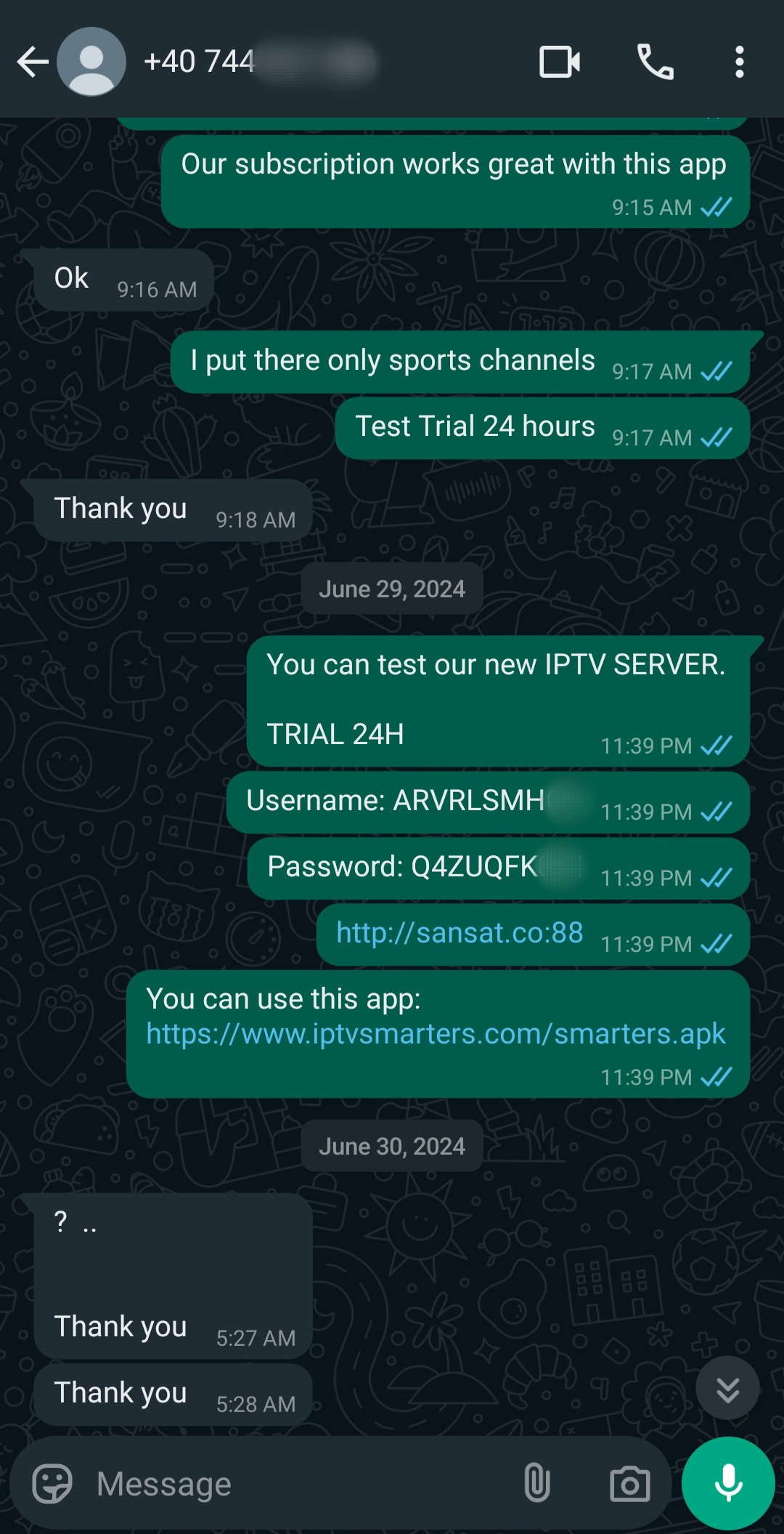 A WhatsApp chat shows a conversation about setting up an IPTV Netherland app, sharing credentials and links, and repeated exchanges of Thank you between two users.