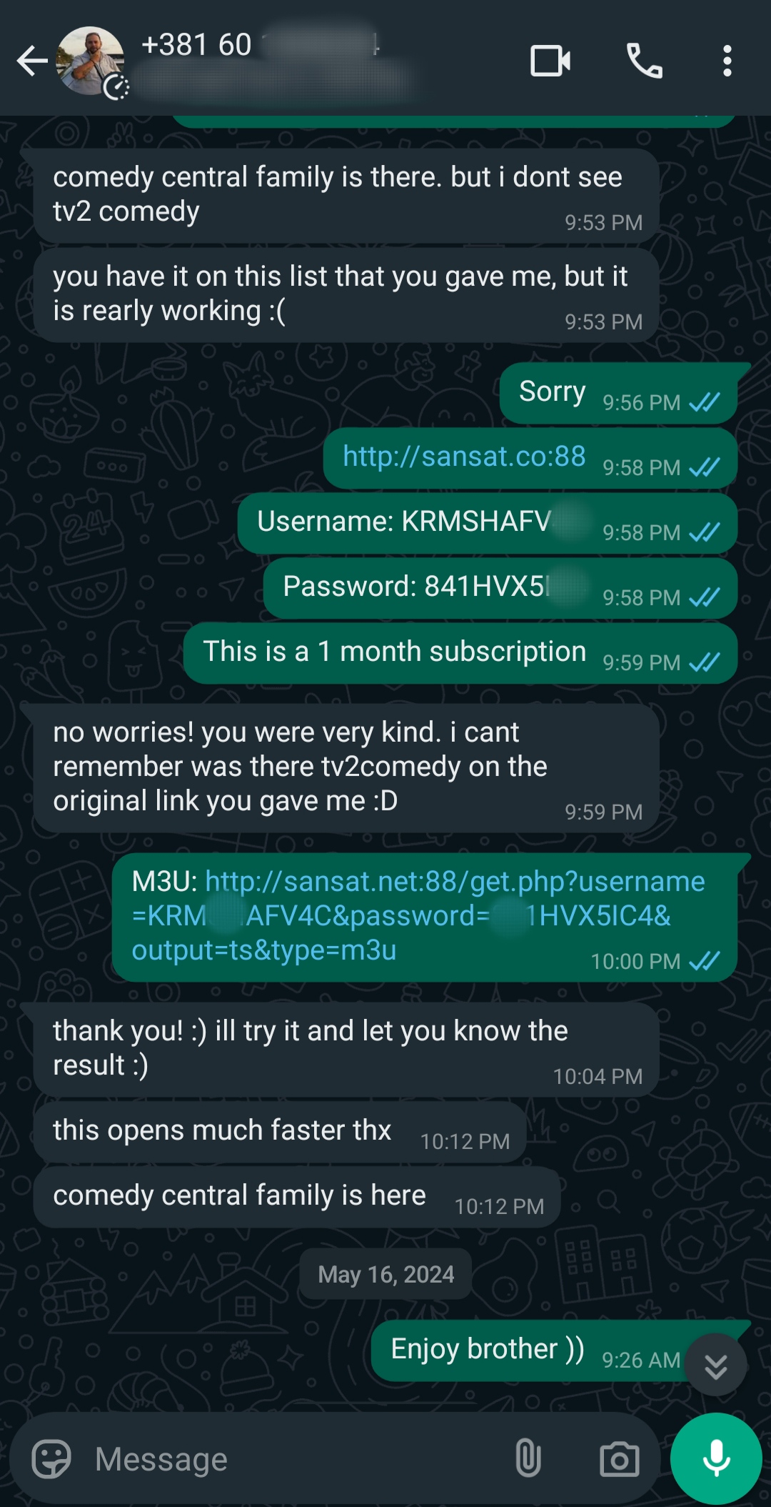 A WhatsApp chat shows a user sharing login info and a streaming link for a site called Sansat, mentioning IPTV Netherland. The conversation discusses accessing a TV channel. The chat ends with Enjoy brother :) and a green response confirming access.
