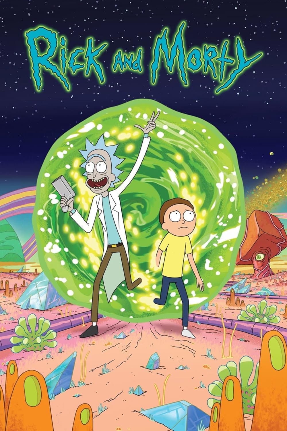 Rick and Morty stand in front of a glowing green portal on an alien planet, surrounded by colorful crystals and strange plants under a starry sky—almost as if they’ve wandered into the wild world of IPTV Netherland, where every channel opens up a new universe.