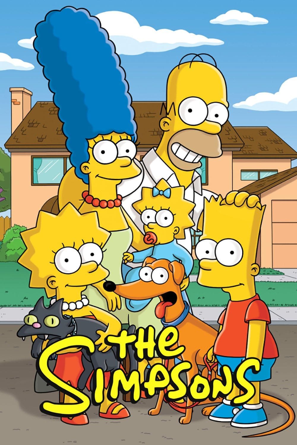 The Simpsons animated family—Marge, Homer, Lisa, Maggie, Bart—pose together outside their house with their dog and black cat. The show’s title is in yellow letters at the bottom. Enjoy this iconic image just like you would watching The Simpsons on IPTV Netherland.