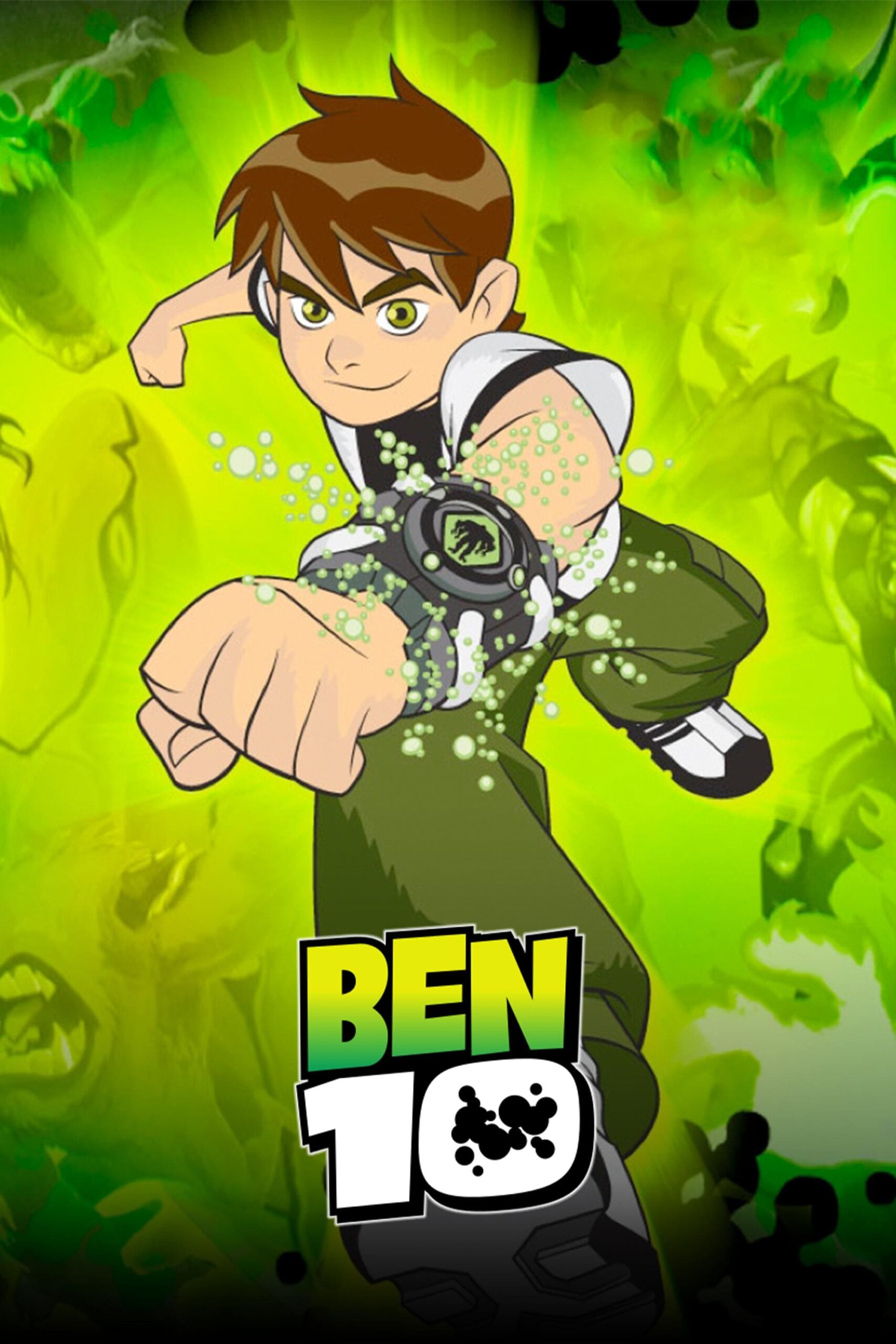Animated boy with brown hair wearing a white and green outfit, punching forward with a glowing watch on his wrist. Green energy surrounds him as he channels the power often seen on IPTV Netherland broadcasts. BEN 10 logo is at the bottom against a green background.
