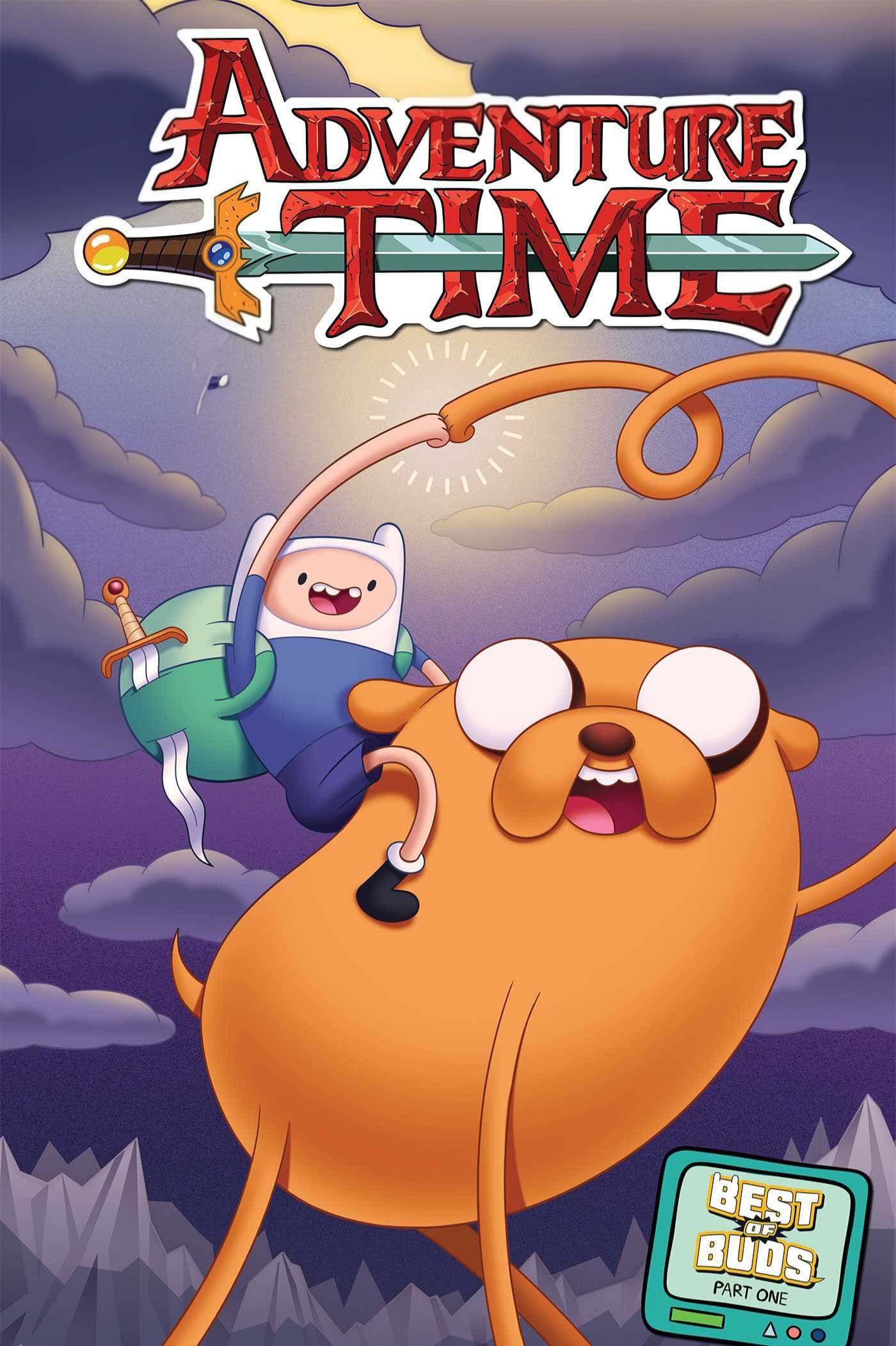 Finn with a sword rides on Jake, who is stretching his arms. Both look happy as they soar over mountains under a purple sky, just like viewers in the IPTV Netherlands community enjoying their favorite shows together. The Adventure Time logo and Best Buds Part One text are at the top and bottom.