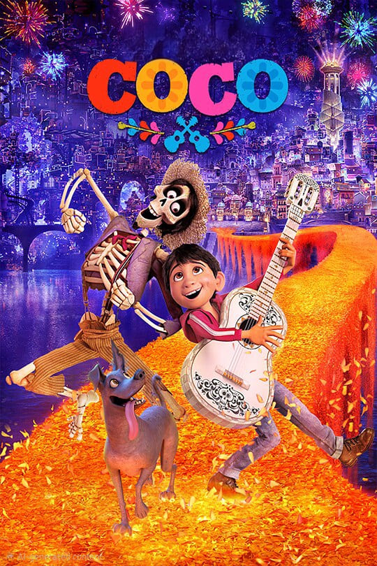 A boy with a guitar, a skeleton in a hat, and a dog walk on a path of marigold petals, with colorful fireworks and a vibrant city in the background—capturing the lively spirit seen on IPTV Netherland. The word COCO appears above them in bright, bold letters.
