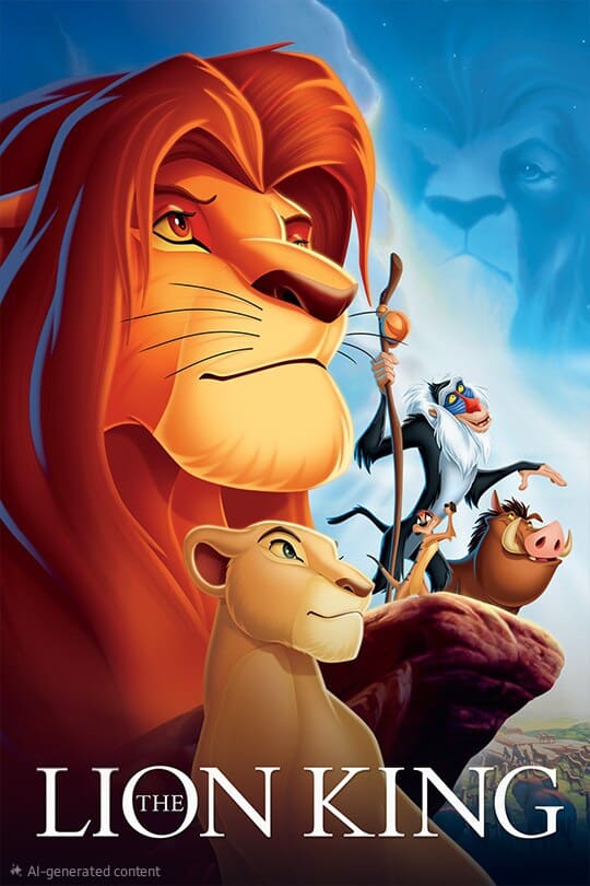 Animated poster of The Lion King showing a lion, a meerkat, a warthog, a mandrill holding a stick, and a lioness, with the face of another lion in the clouds above them—a timeless scene now available to experience through IPTV Netherland.