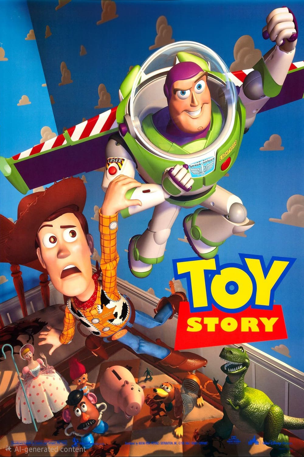 Poster of Toy Story showing Woody and Buzz Lightyear flying above other toy characters in a child’s bedroom, with the movie title in bold yellow and blue letters—a delightful classic now accessible through IPTV Netherland.