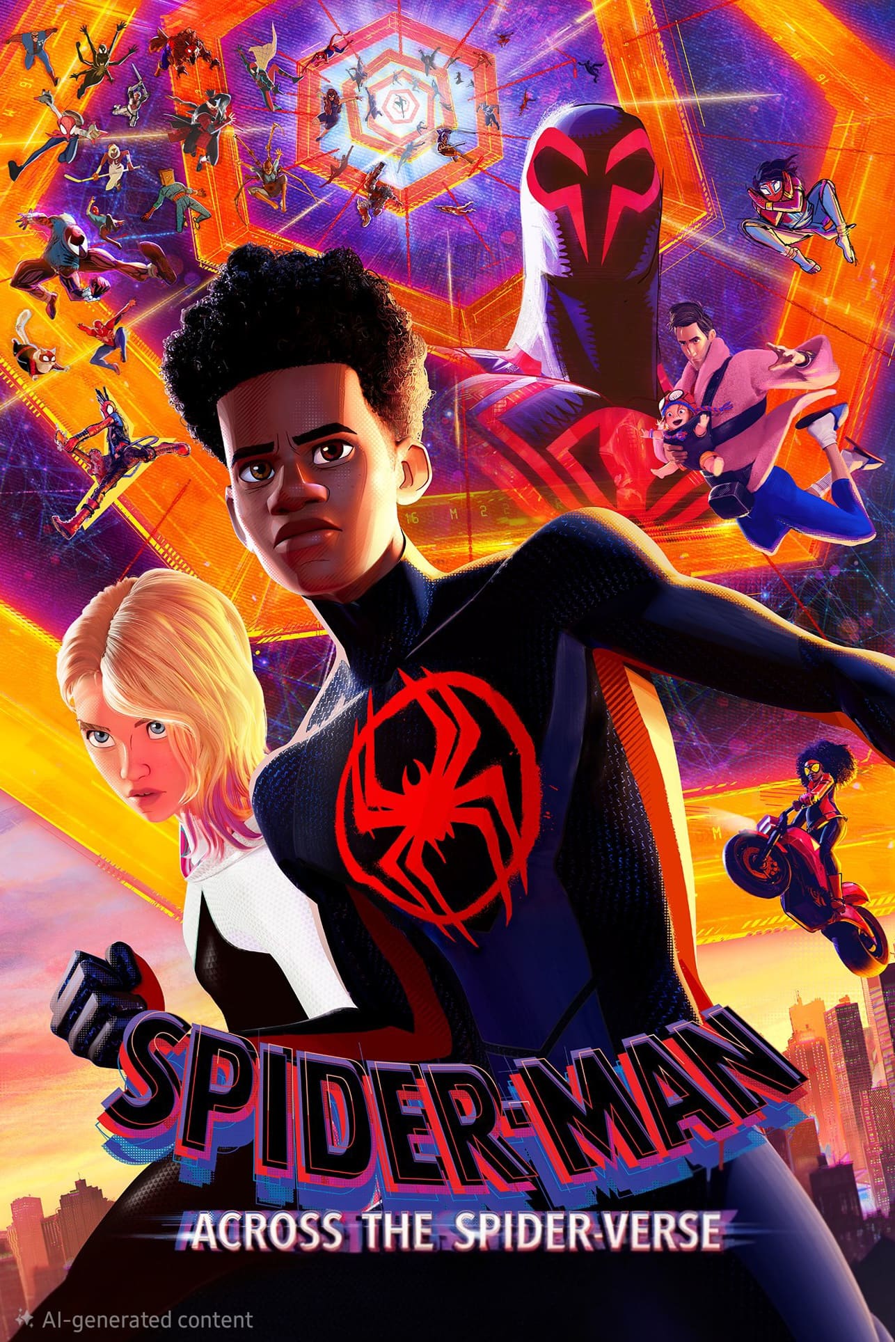 Animated poster for Spider-Man: Across the Spider-Verse featuring Miles Morales, Spider-Gwen, and various Spider-Man characters with a colorful multiverse background—perfect for fans enjoying adventures through IPTV Netherland.