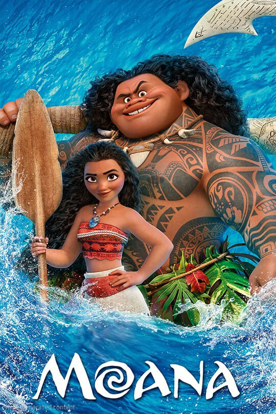 Moana and Maui stand together in the ocean with a paddle, surrounded by waves. Maui has long curly hair and tattoos, while Moana wears a red top and white skirt. The word Moana appears at the bottom, evoking the adventurous spirit that IPTV Netherland viewers love to enjoy.