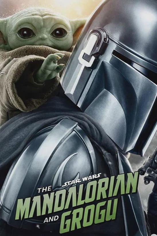 Poster for The Mandalorian and Grogu showing a helmeted Mandalorian in silver armor with Grogu (Baby Yoda) peeking over his shoulder, both looking ahead. Perfect for fans streaming via IPTV Netherland, the title text appears at the bottom.