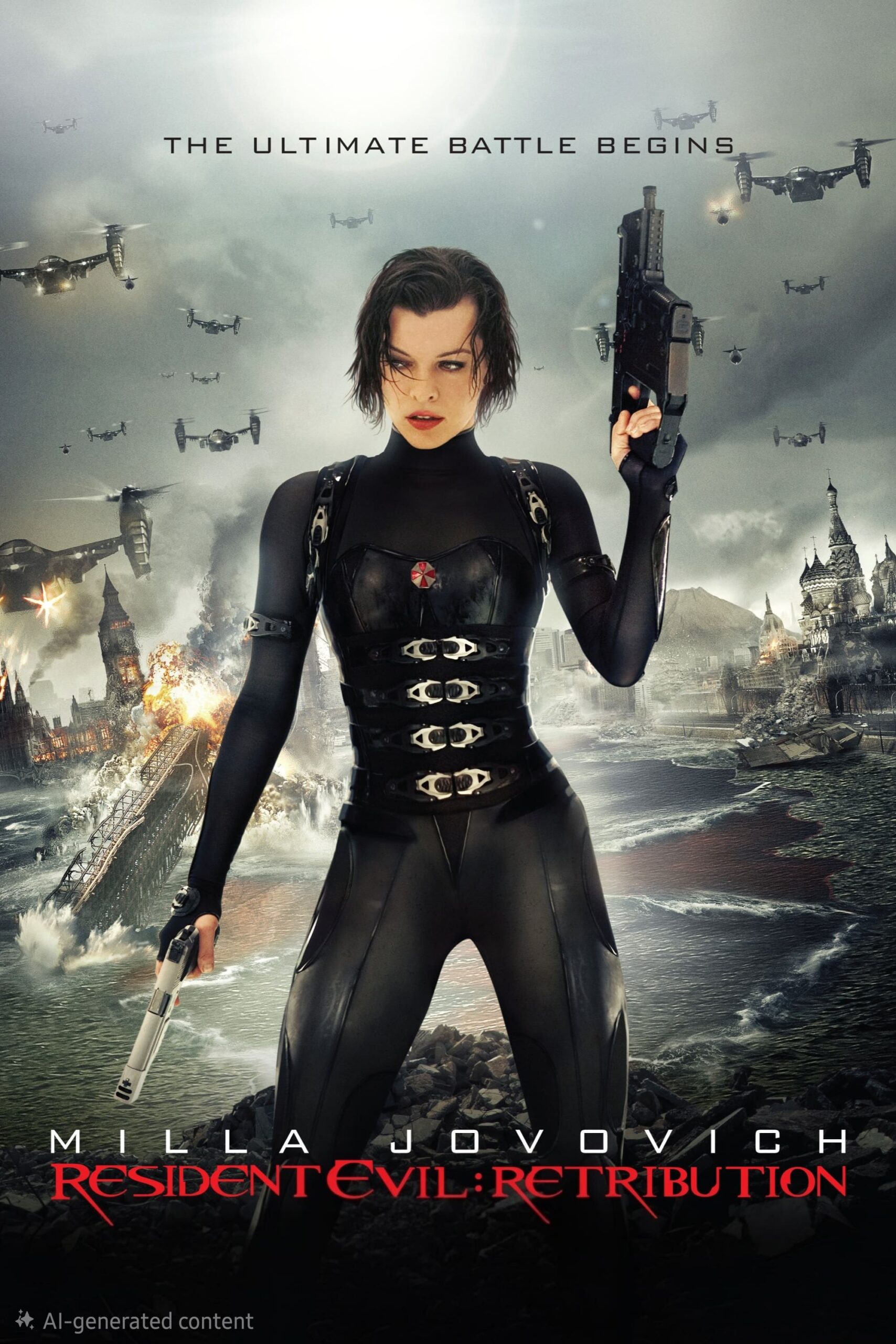 A woman in black armor holds two guns, standing amid a city under attack with explosions, flying ships, and destruction in the background. Resident Evil: Retribution and Milla Jovovich are displayed on the poster, making it a thrilling choice for action fans tuning in via IPTV Netherland.