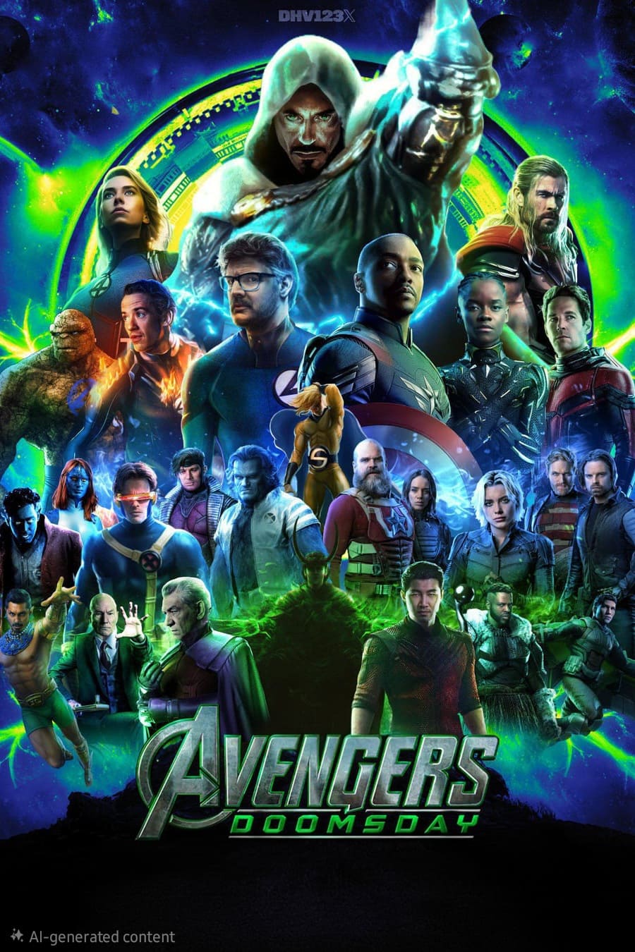A group of superheroes and villains from the Marvel universe, including Thor and Captain America, stand together in front of a glowing, cosmic background with the text Avengers Doomsday at the bottom—making it a must-see moment for every IPTV Netherland fan.