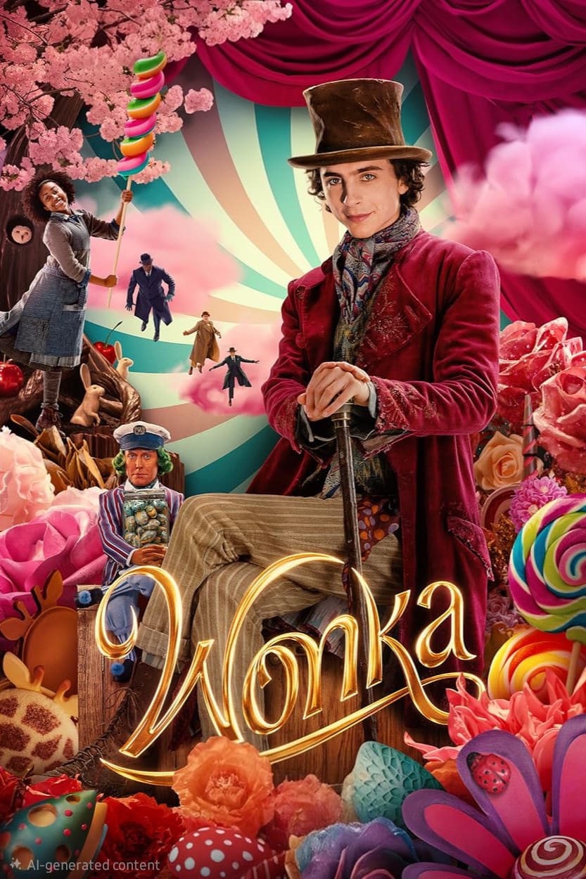 A whimsical Wonka movie poster shows a young man in a purple coat and top hat, surrounded by colorful candy, fantasy characters, and swirling pastel backgrounds. The word Wonka is written in glowing lettering, inviting visitors to stream magical adventures on IPTV Netherland.