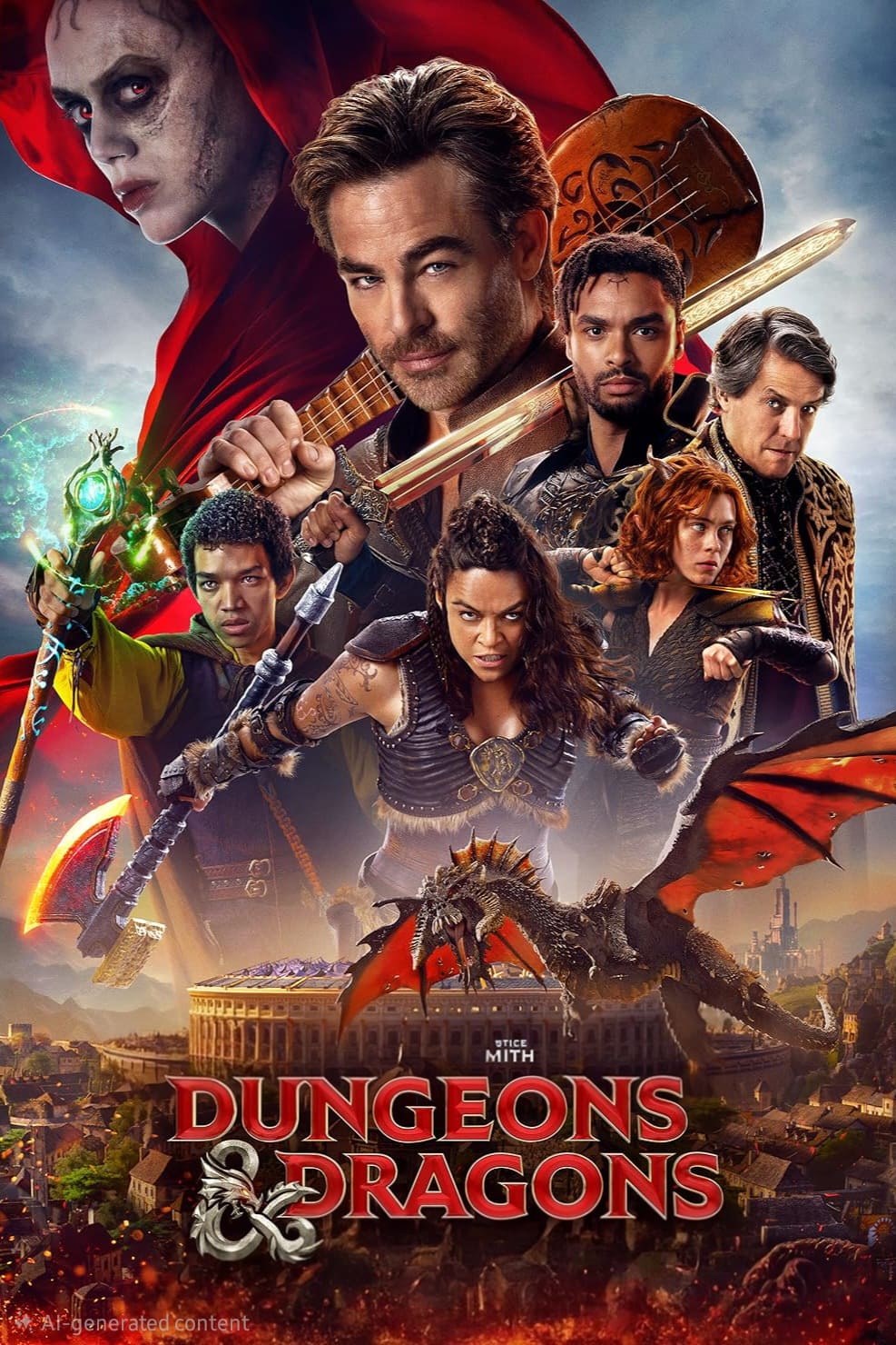 A fantasy movie poster shows a heroic group wielding weapons, a red-cloaked sorcerer, a dragon, and a medieval city below. The title reads Dungeons & Dragons: Honor Among Thieves—a must-see adventure streaming now on IPTV Netherland.