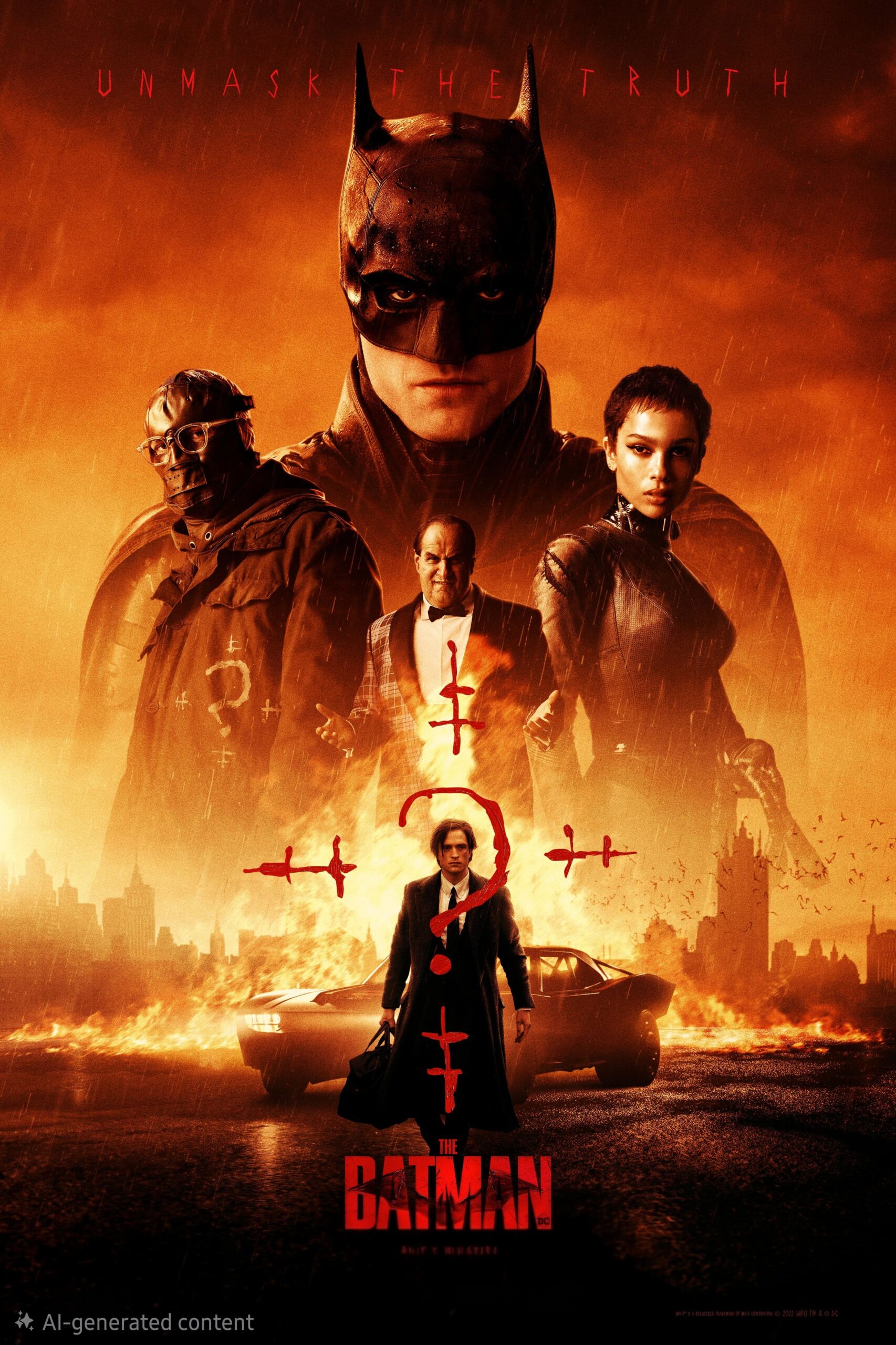 Movie poster for The Batman featuring masked Batman, three other main characters, a car, and a red question mark overlay, with the tagline Unmask the Truth at the top against a fiery red background. Perfect for fans in search of exclusive content on IPTV Netherland.