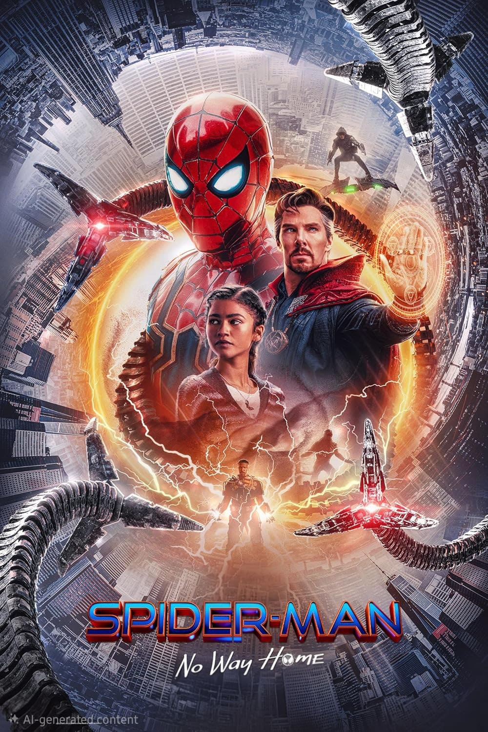 Movie poster for Spider-Man: No Way Home featuring Spider-Man, Doctor Strange, and MJ, with city buildings, magical effects, and mechanical arms surrounding them. Perfect for fans streaming through IPTV Netherland services, the movie title is displayed prominently at the bottom.