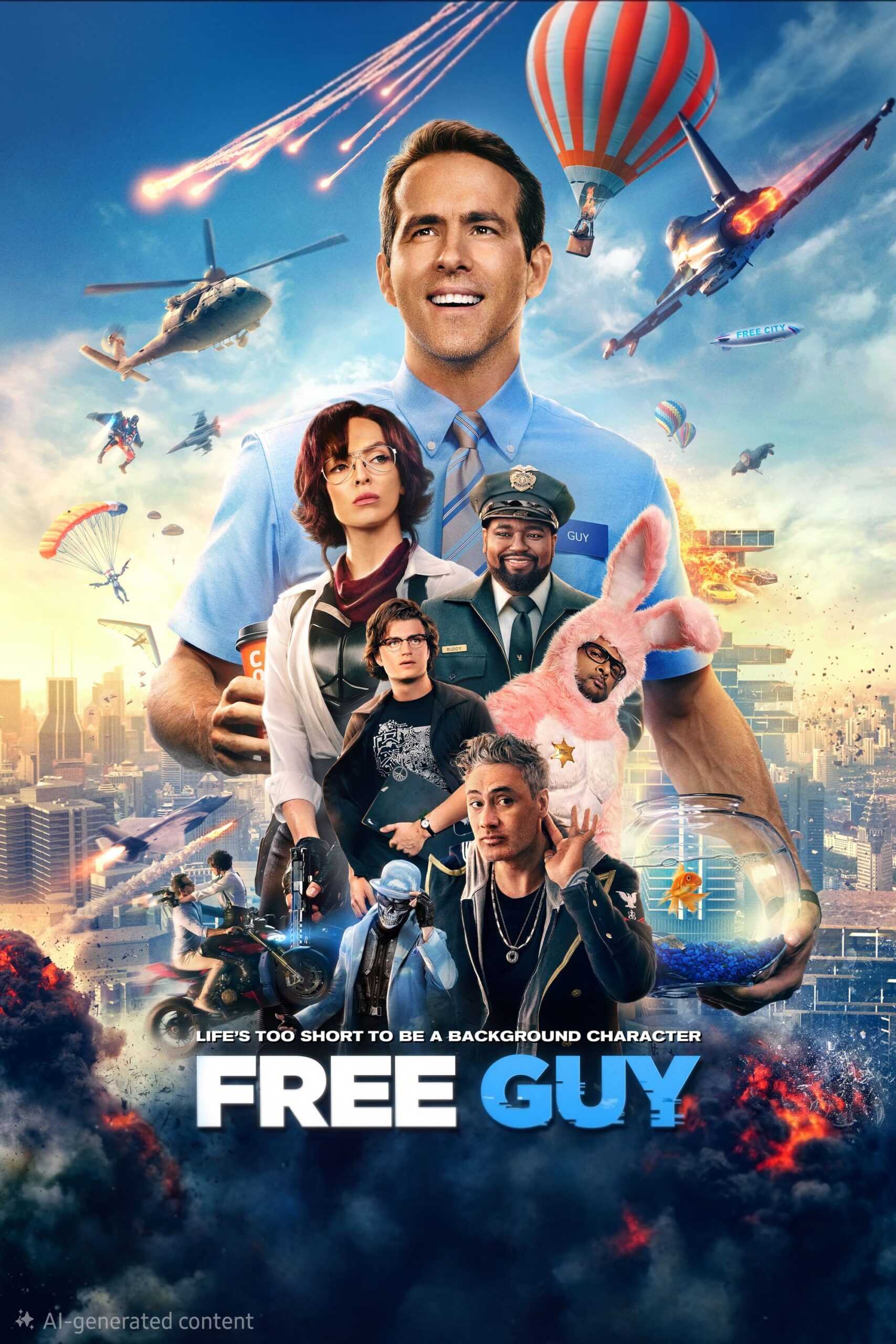 A smiling man in a blue shirt stands in front of an action-filled cityscape with helicopters, explosions, and various characters. The text FREE GUY and Life’s too short to be a background character are shown, capturing the excitement you’d expect from the best IPTV Netherlands entertainment.