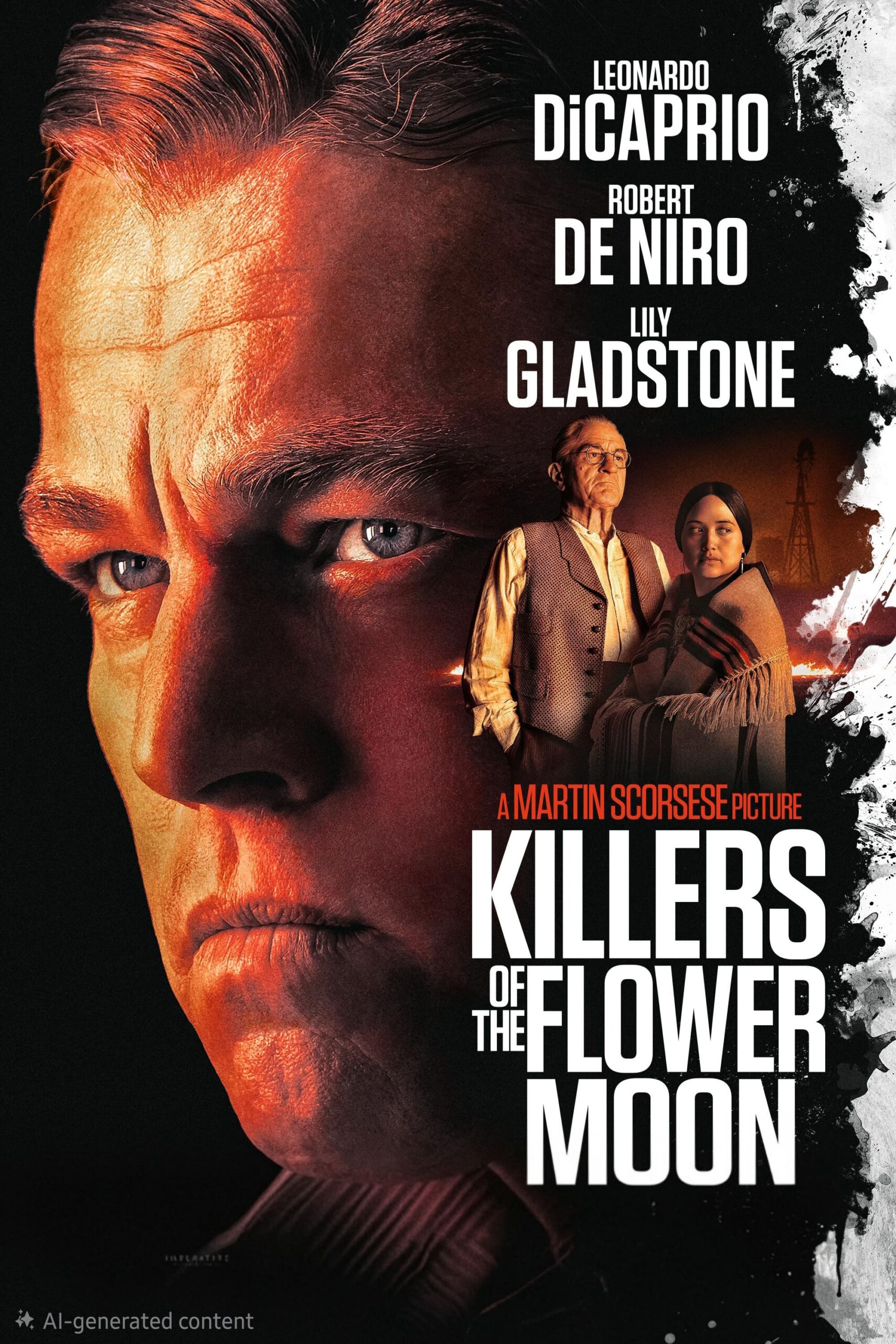 Movie poster for Killers of the Flower Moon shows a close-up of a man’s face in orange light, with two other people standing together in period clothing on the right. Title and actor names are prominently displayed, making it an eye-catching choice for IPTV Netherland viewers seeking a gripping historical drama.