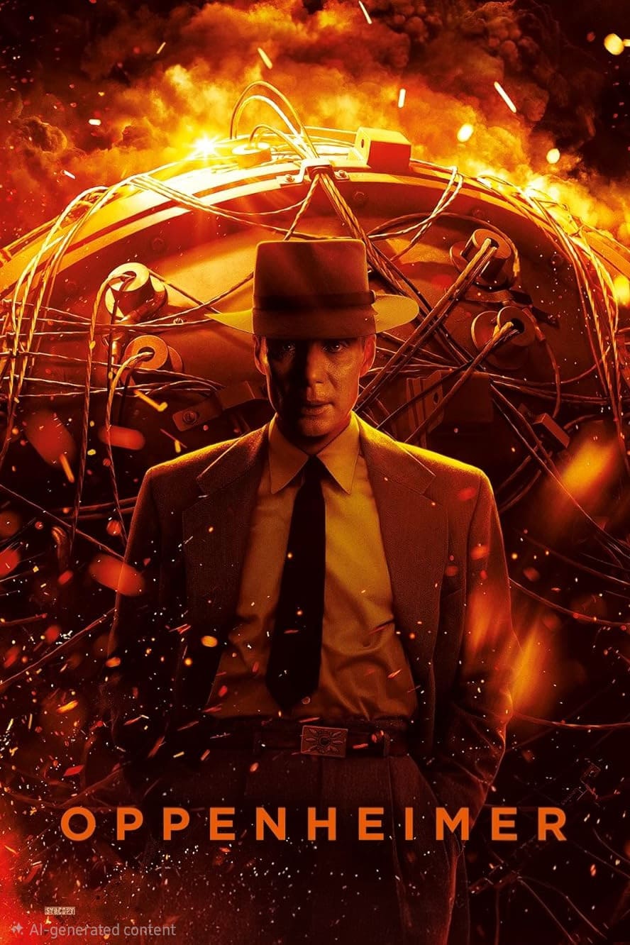 A man in a suit and hat stands in front of a fiery, explosive background with tangled wires and sparks, capturing the intensity of history. The word OPPENHEIMER appears at the bottom, evoking intrigue—much like discovering IPTV Netherland for access to powerful stories.