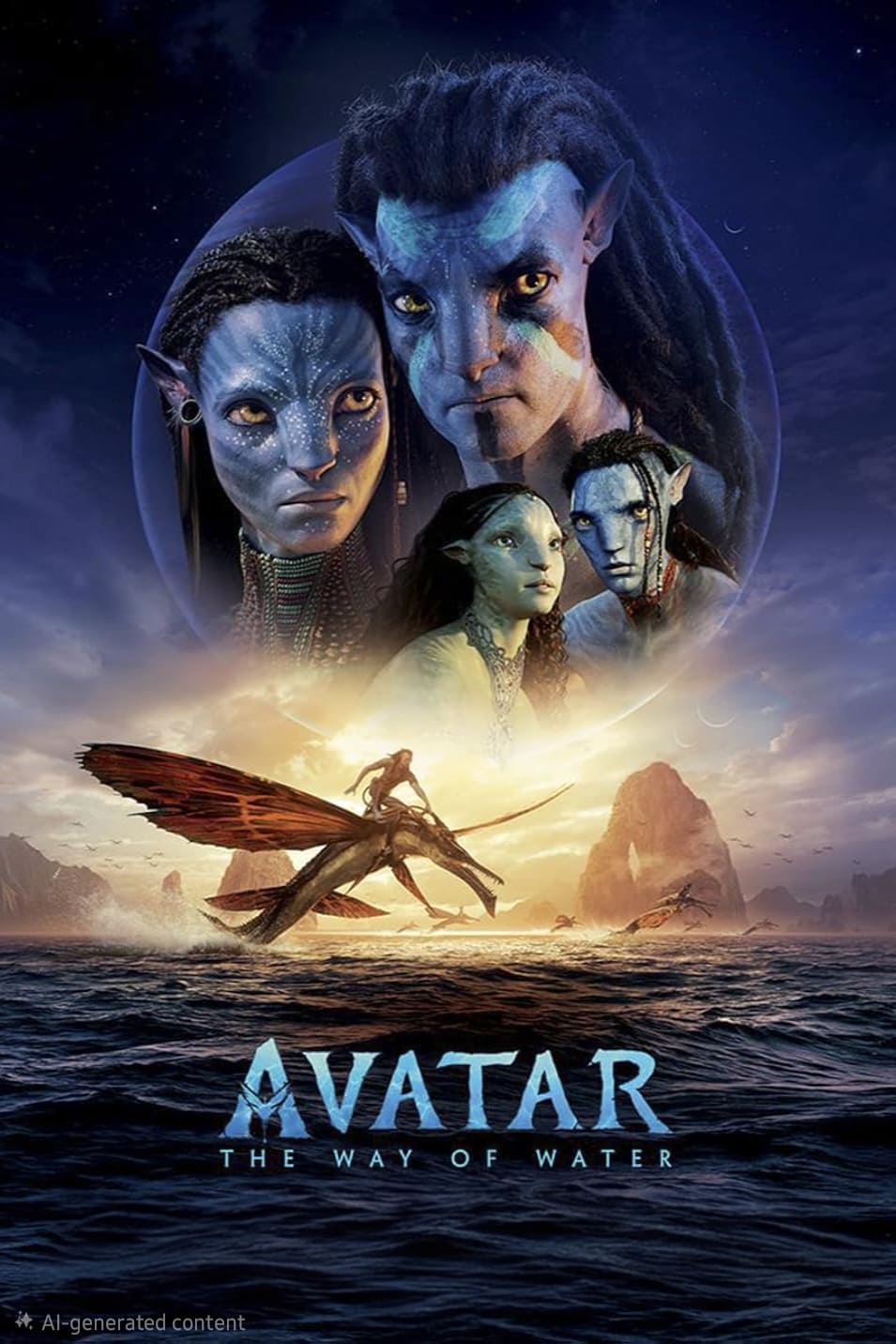 Poster for Avatar: The Way of Water showing four blue-skinned characters above a person riding a flying creature over ocean waves, with the film title at the bottom—perfect for fans looking to enjoy this epic adventure on IPTV Netherland.