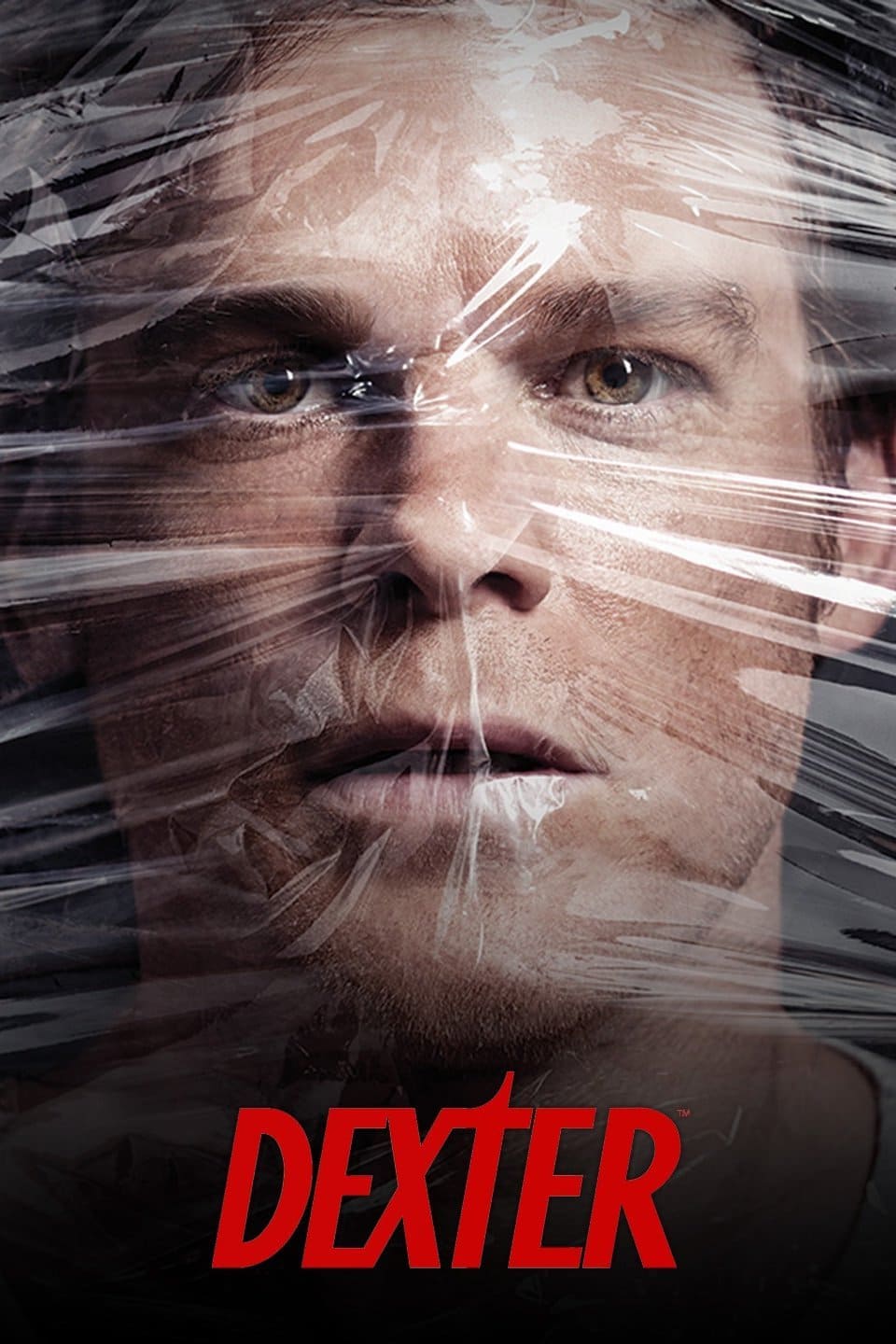 A close-up of a man’s face tightly wrapped in clear plastic wrap, with the word DEXTER in bold red letters at the bottom of the image—a chilling visual reminiscent of crime dramas popular on IPTV Netherland.