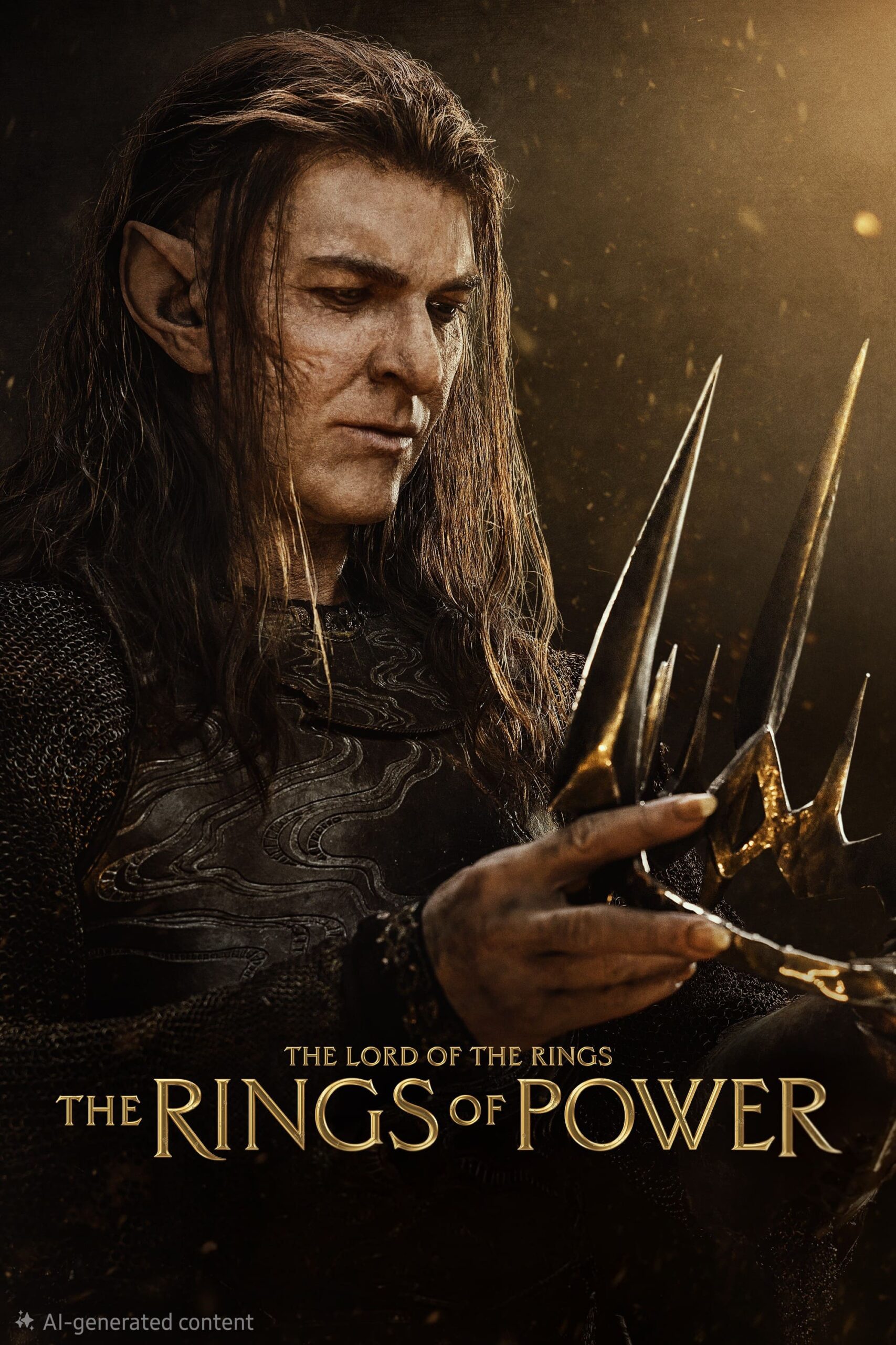 A serious elf with long brown hair and pointed ears examines a jagged, golden ring. Text at the bottom reads: The Lord of the Rings: The Rings of Power. Illuminated by golden, dramatic lighting, this captivating scene is now streaming through IPTV Netherland.