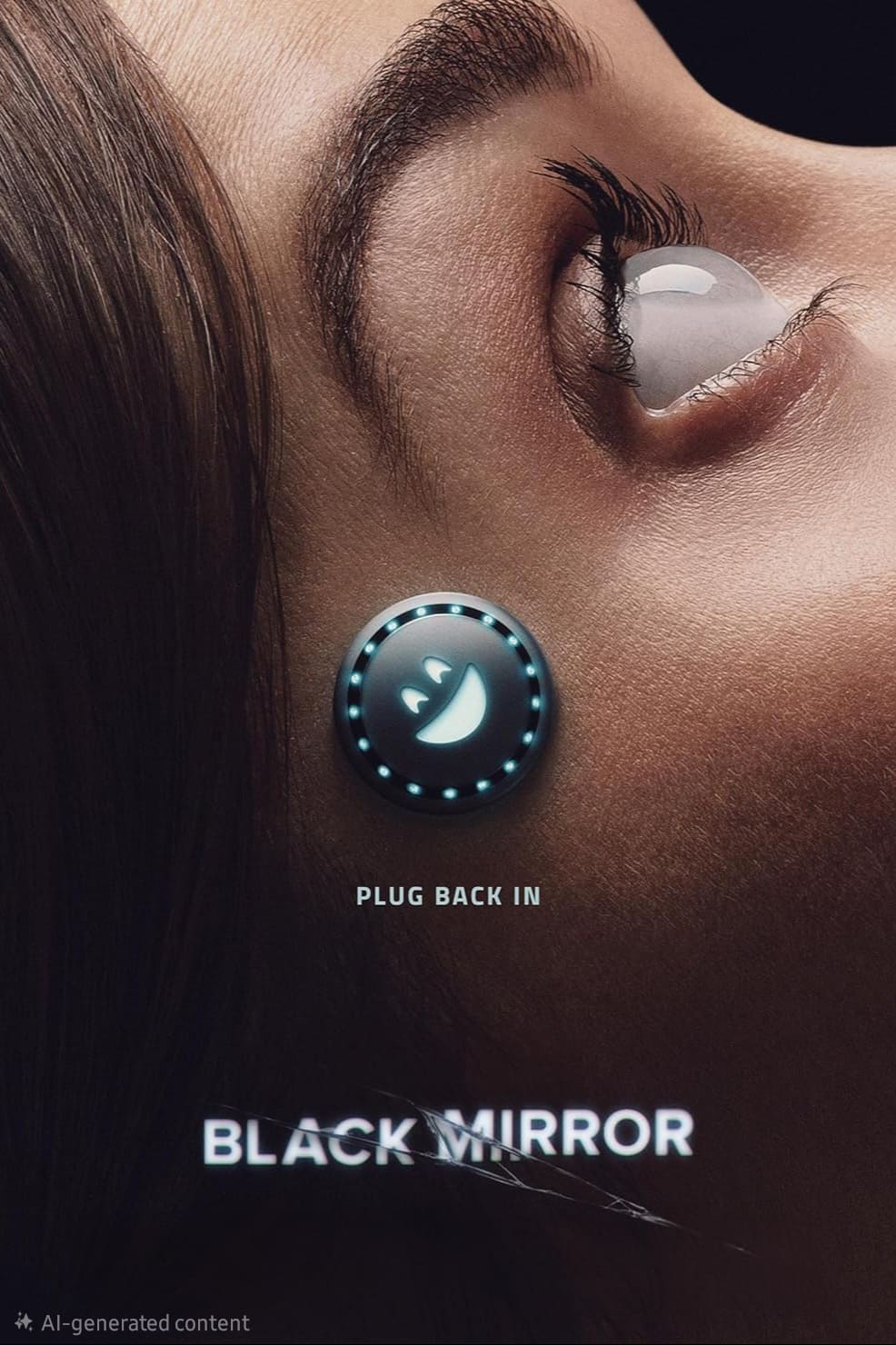 Close-up of a woman’s face looking upward, with a glowing digital smiley face device attached to her temple—reminiscent of cutting-edge IPTV Netherlands technology. Text reads PLUG BACK IN and BLACK MIRROR.