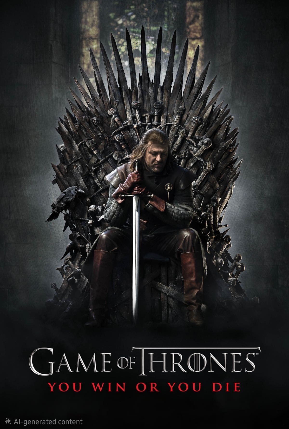 A man with long hair sits on a throne made of swords, holding a large sword. The text below reads Game of Thrones: You Win or You Die. The scene is dark and dramatic, perfect for fans catching every moment on IPTV Netherland.