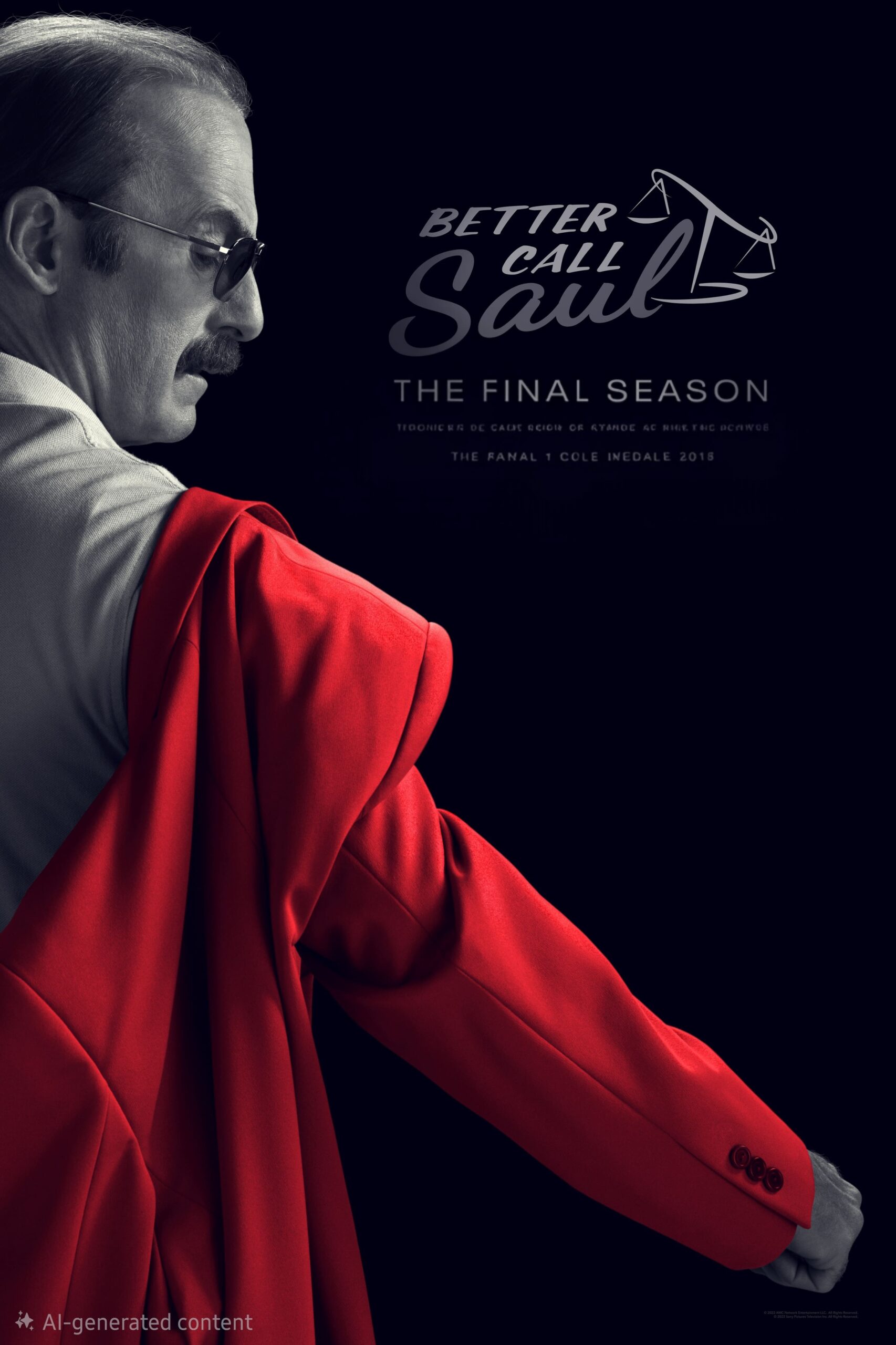 A man with glasses puts on a bright red suit jacket, facing away. The text reads Better Call Saul: The Final Season. The background is dark and dramatic, evoking the suspense you’d expect from top IPTV Netherland dramas.