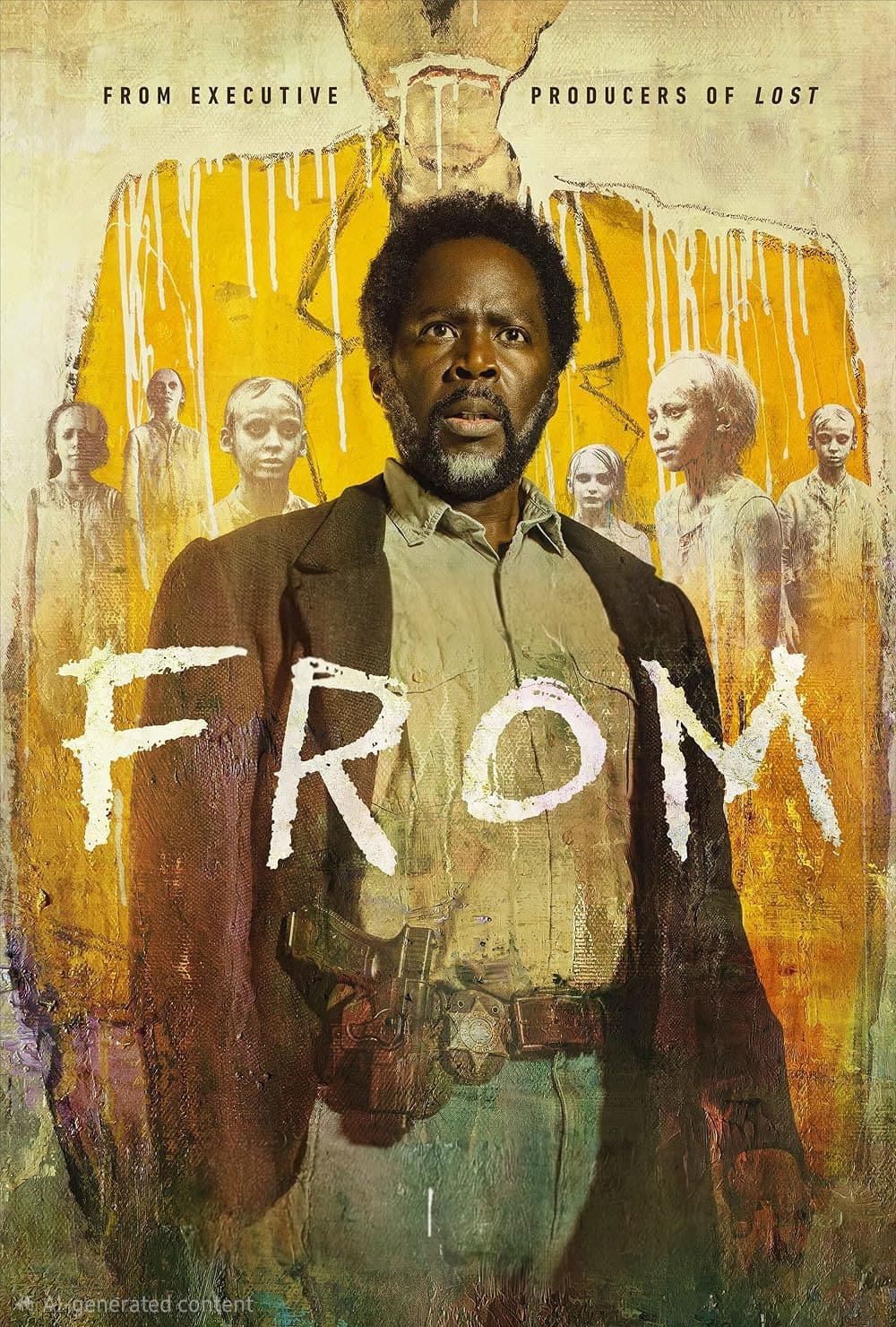 A man stands in front of eerie, ghostly figures and a large yellow-jacketed figure. The word FROM is painted across him, with text above reading From Executive Producers of Lost. The image has a mysterious, ominous tone, evoking the unsettling stories often explored on IPTV Netherland.