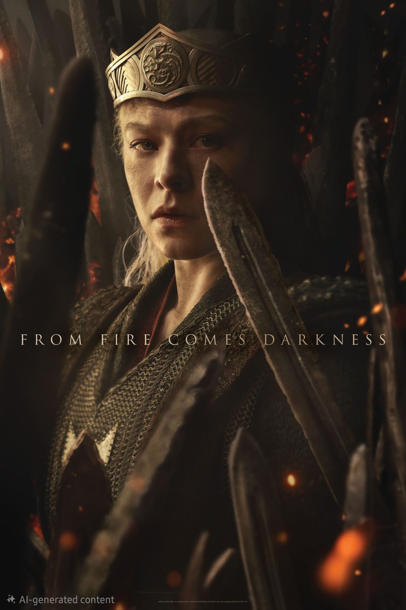 A person wearing a crown and armor sits on a throne made of swords, surrounded by embers, with the words From Fire Comes Darkness written across the image—a powerful scene reminiscent of an epic IPTV Netherland fantasy drama.