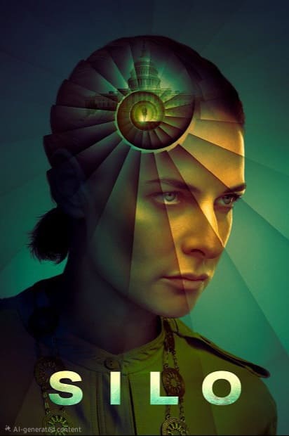 A serious woman with blue eyes stares ahead; a spiral staircase and light rays are superimposed on her head, evoking the dynamic networks of IPTV Netherland. The word SILO is written below in bold white letters.