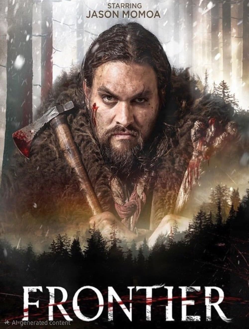 Poster for the series Frontier showing a fierce man in fur clothing holding a bloody axe, with snowy woods in the background. The text at the top reads Starring Jason Momoa. Stream this gripping adventure on IPTV Netherland for an unforgettable viewing experience.