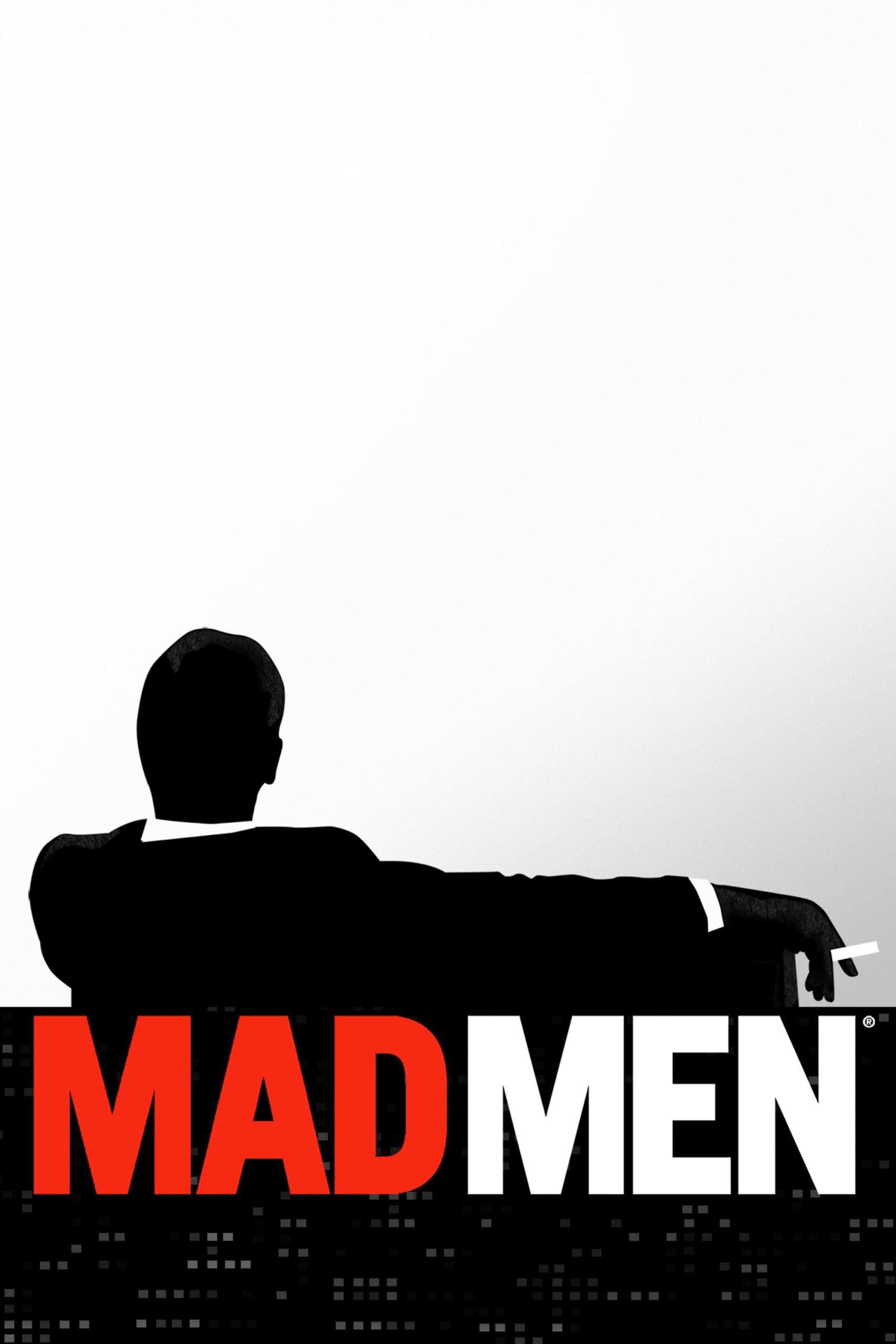 Silhouette of a man in a suit sitting with one arm draped over the back of a couch, holding a cigarette. The bold text reads MAD MEN with MAD in red and MEN in white against a minimal background, evoking the classic style now streaming on IPTV Netherland.