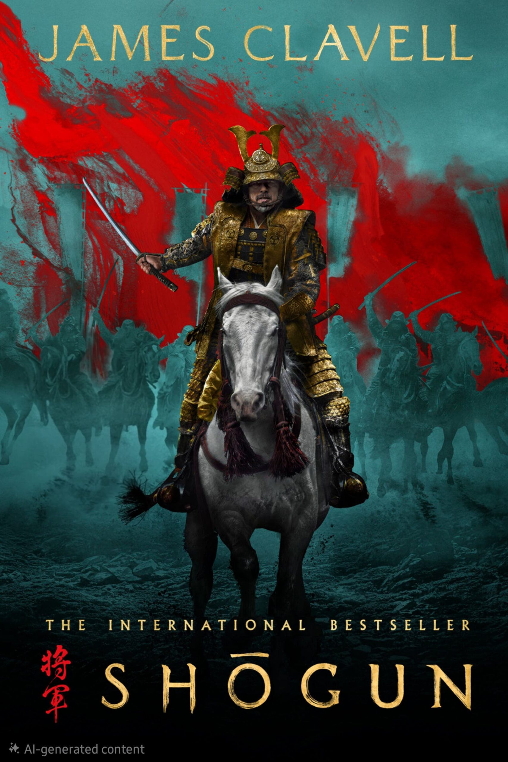 A samurai in golden armor rides a white horse, holding a sword. Red paint splashes behind him, with shadowy figures on horseback. The text reads James Clavell, The International Bestseller, and Shogun—a gripping image that captures the spirit of adventure as vividly as IPTV Netherland brings stories to your screen.