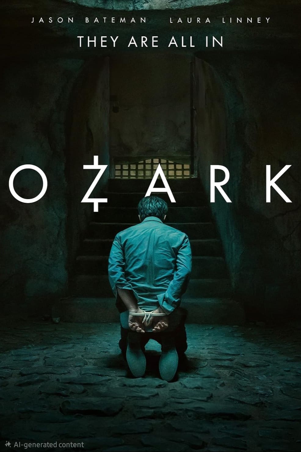 A man kneels with hands tied behind his back in a dimly lit cell. Large text reads OZARK, with They Are All In above. Actor names Jason Bateman and Laura Linney are at the top, hinting at the gripping drama that awaits viewers on IPTV Netherland.