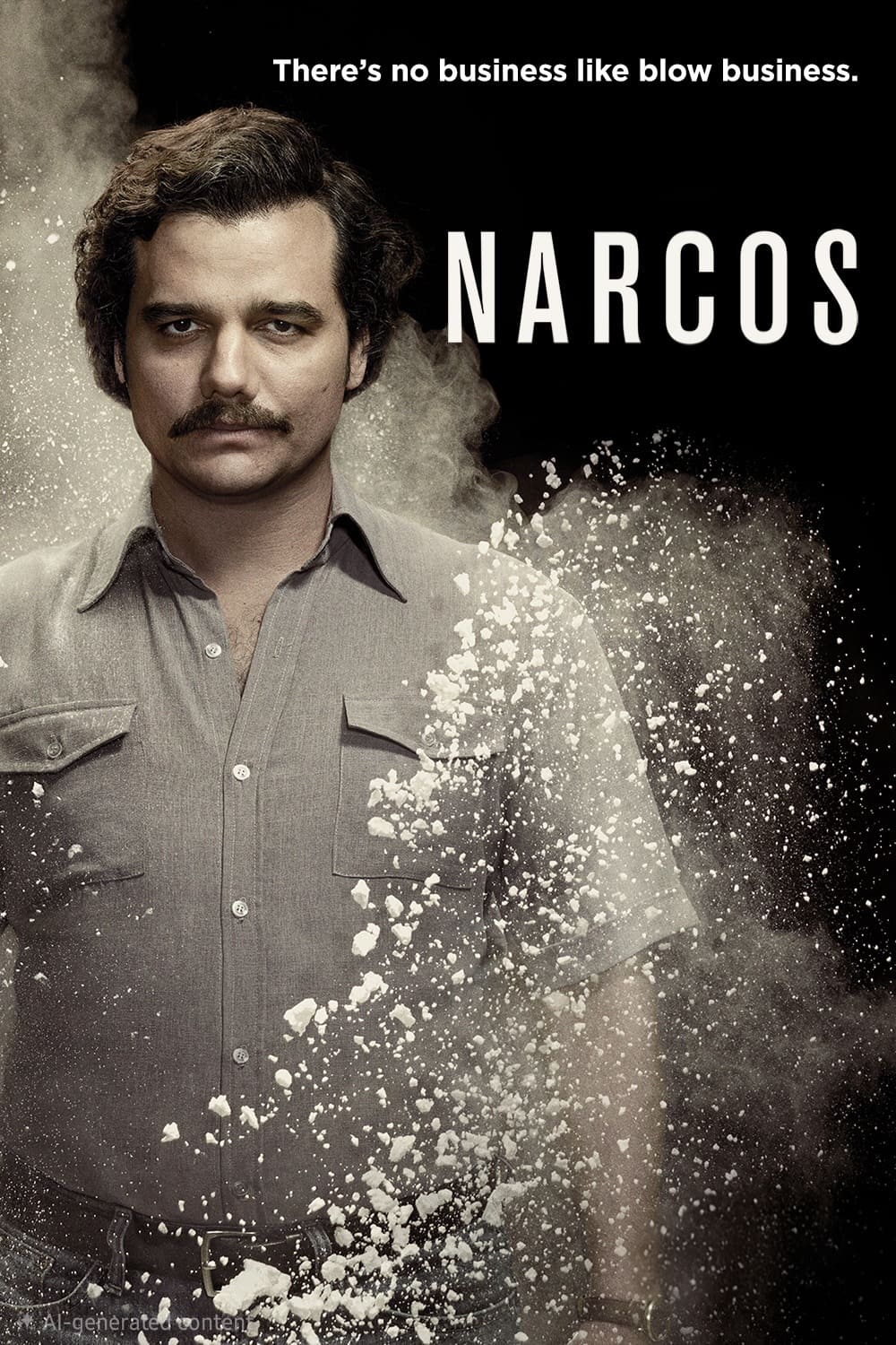 A man with a mustache stands amid a cloud of white powder, with the word NARCOS and the tagline There’s no business like blow business above him on a dark background, hinting at the gritty underworld revealed through IPTV Netherland.