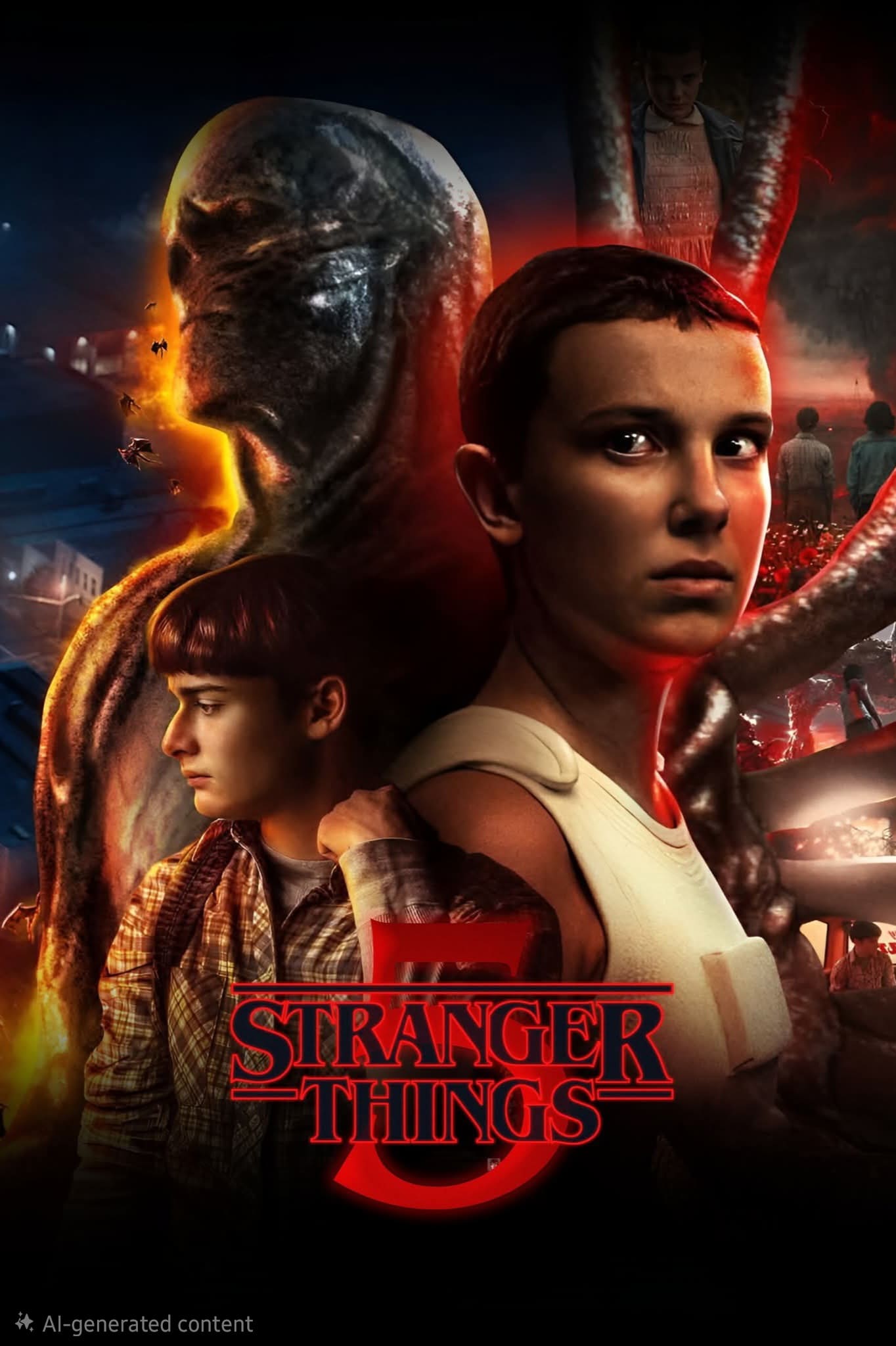 Collage of Stranger Things characters, including Eleven and Will, with a dark monster and red glowing tendrils in the background. The red Stranger Things logo is at the bottom center, making this perfect for any IPTV Netherlands fan looking to celebrate their favorite series.