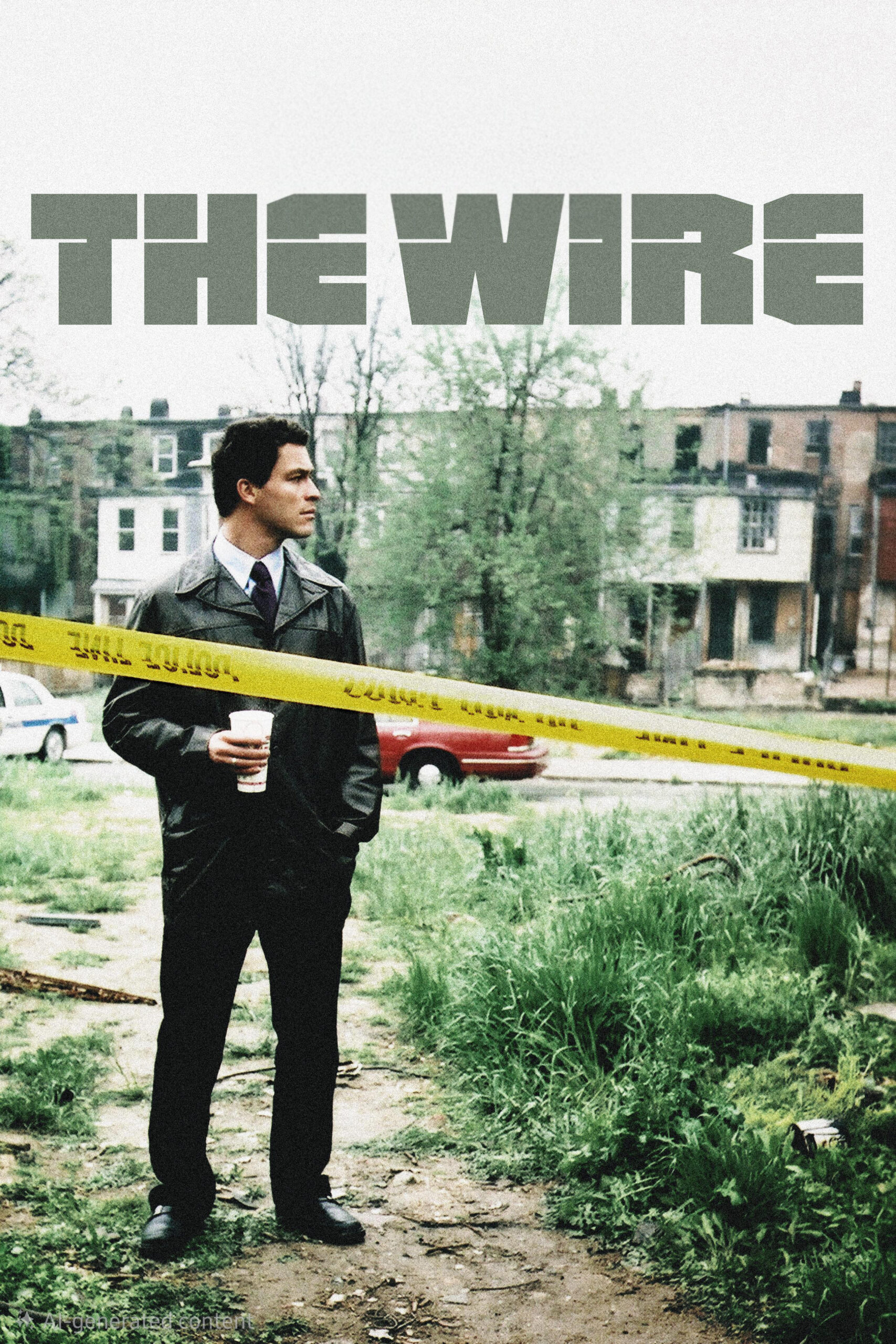 A man in a suit stands by yellow police tape in a grassy, urban lot. He holds a coffee cup, and behind him are rundown buildings. The gritty scene captures the suspense familiar to fans of crime dramas like THE WIRE—now streaming on IPTV Netherland. Large text reads THE WIRE at the top of the image.
