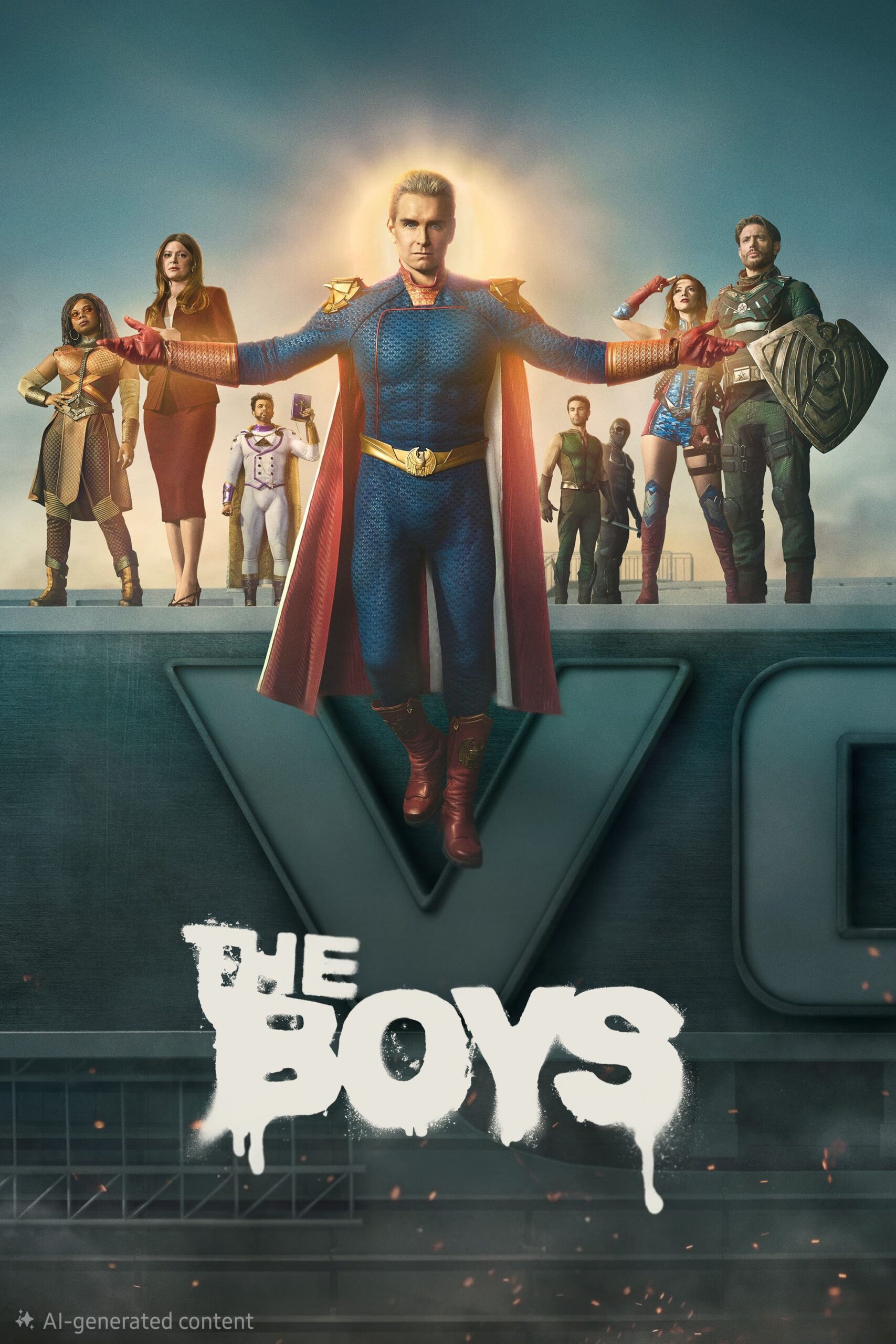A group of superheroes in colorful costumes stand on a rooftop with one floating above the others. The show’s title, The Boys, appears in bold white text at the bottom, capturing an action-packed moment perfect for fans streaming on IPTV Netherland.
