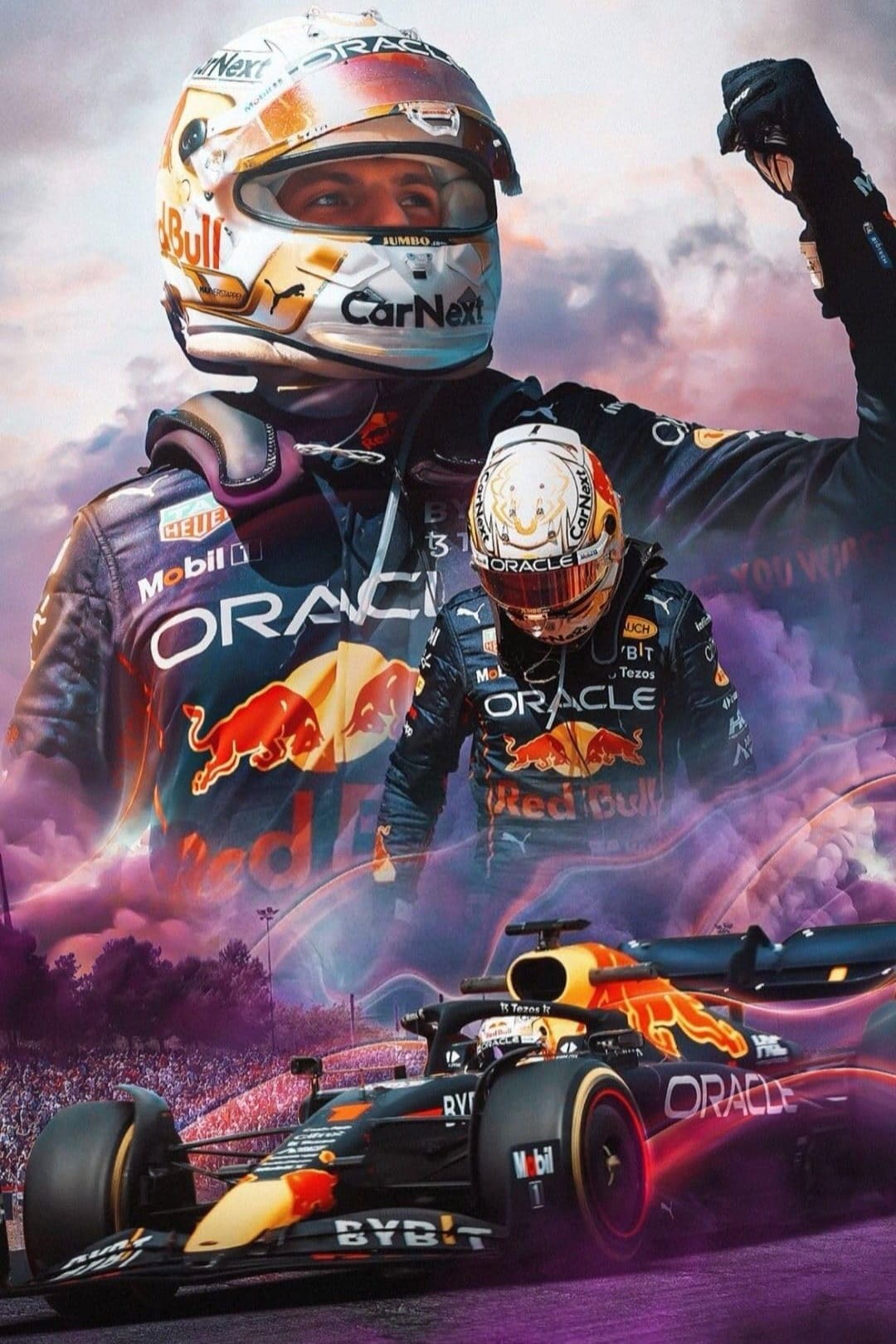 A collage featuring a Red Bull Racing Formula 1 driver celebrating, the same driver in race gear, and a Red Bull F1 car speeding on track with purple-tinted clouds in the background—perfect for any IPTV Netherland motorsport fan seeking dynamic visuals.
