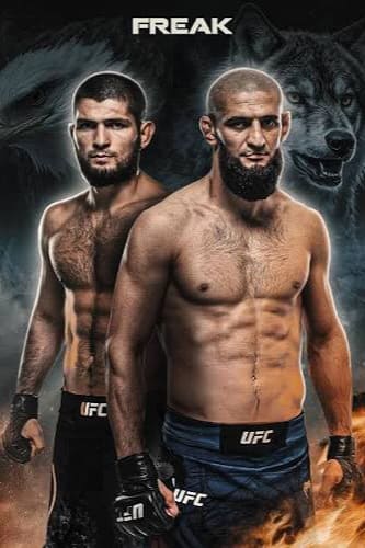 Two muscular male MMA fighters stand side by side wearing UFC shorts and gloves, with animal images (eagle and wolf) and the word FREAK in bold white letters above them. The background features dark, dramatic lighting, capturing the intense atmosphere reminiscent of an IPTV Netherland fight night broadcast.