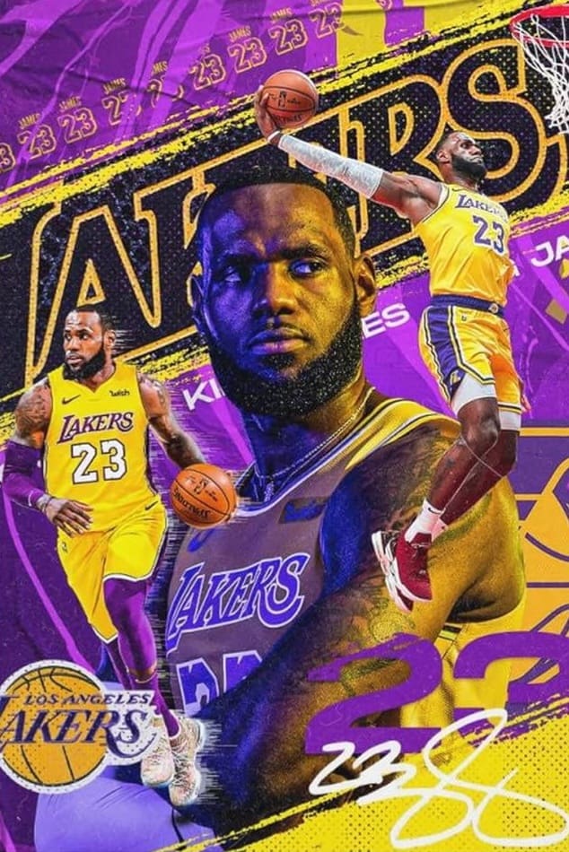 A vibrant collage of a Los Angeles Lakers basketball player in jersey number 23, depicted in action poses with a purple and gold Lakers-themed background and his signature at the bottom, perfect for fans enjoying NBA moments via IPTV Netherland.