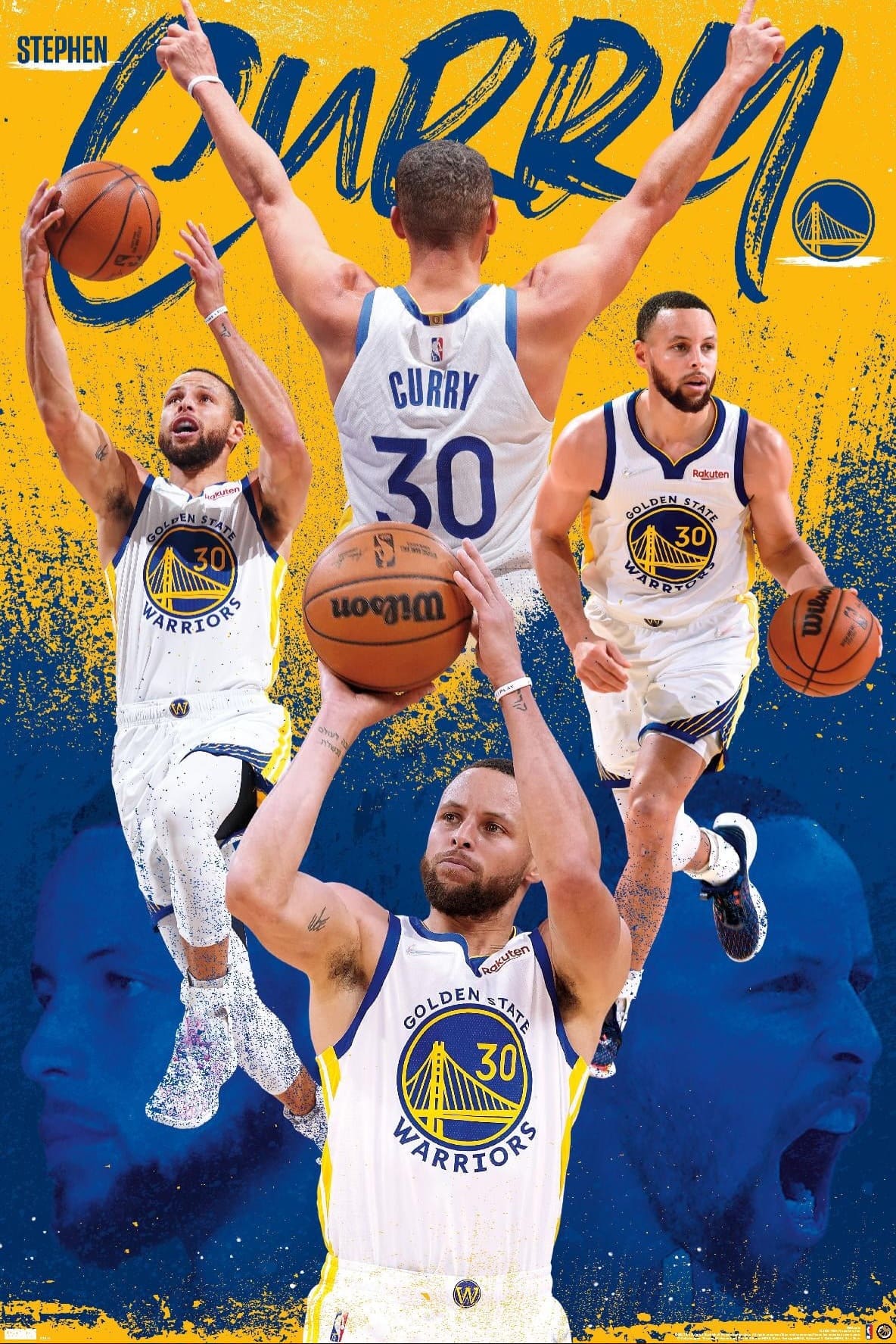 Collage of a Golden State Warriors basketball player in various action poses, wearing a white jersey with number 30 and Curry on the back, set against a vibrant blue and yellow background with Curry written at the top—a dynamic scene that brings all the excitement of NBA games right to your screen, perfect for IPTV Netherlands viewers.