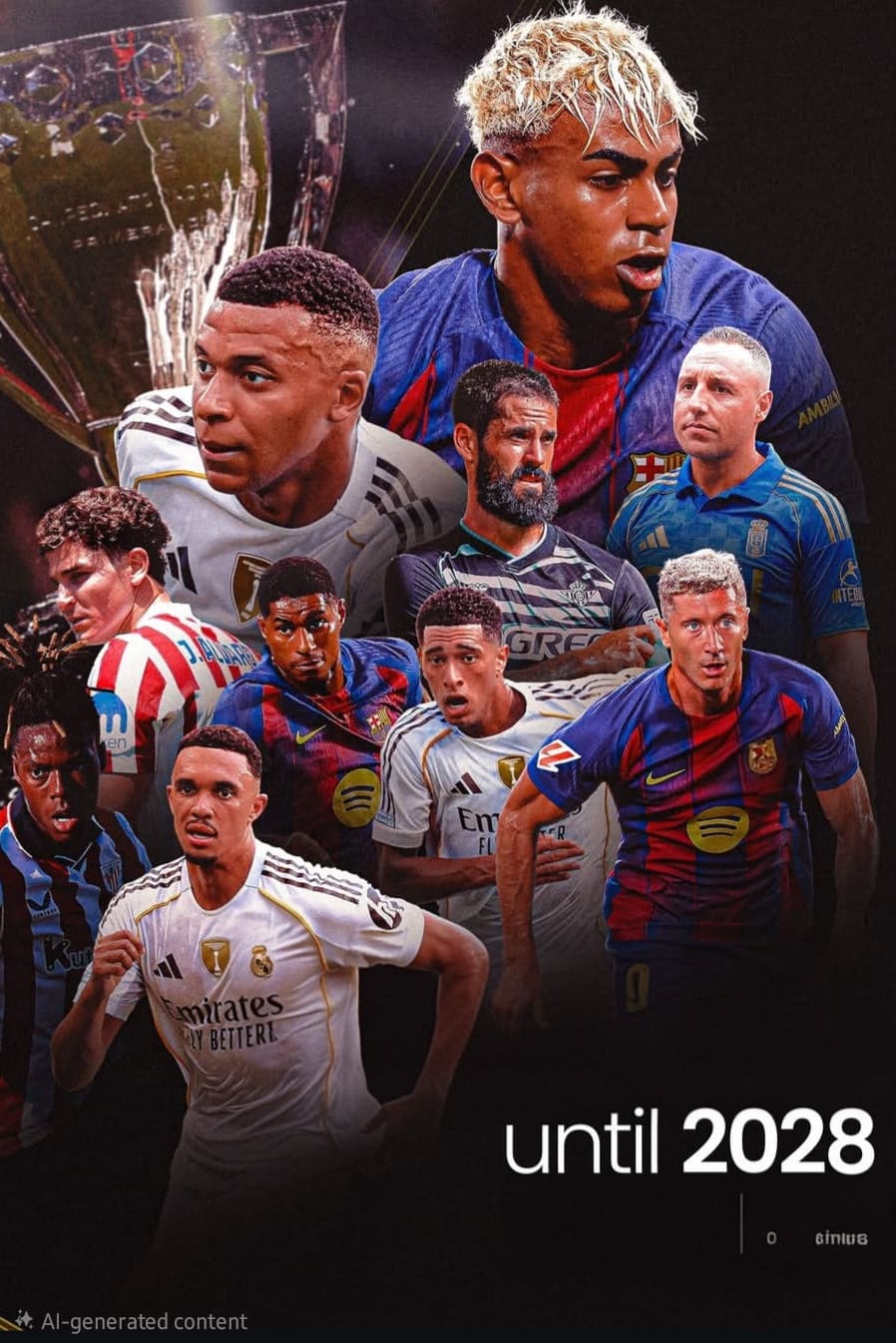 A digital collage of football players in different team jerseys, with a trophy in the background and subtle IPTV Netherland branding. The text “until 2028” appears at the bottom.