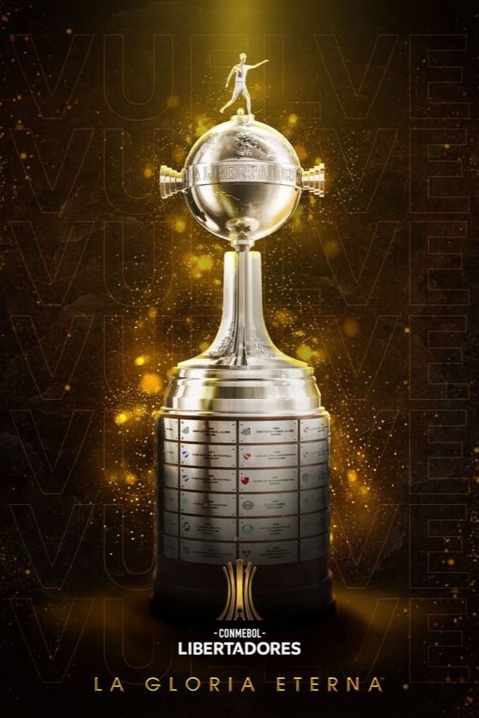 The Copa Libertadores trophy is shown with a golden glow, displaying engraved team names and a footballer figurine on top. Text reads CONMEBOL LIBERTADORES and LA GLORIA ETERNA, casting an iconic presence perfect for IPTV Netherland viewers seeking the ultimate South American football experience.