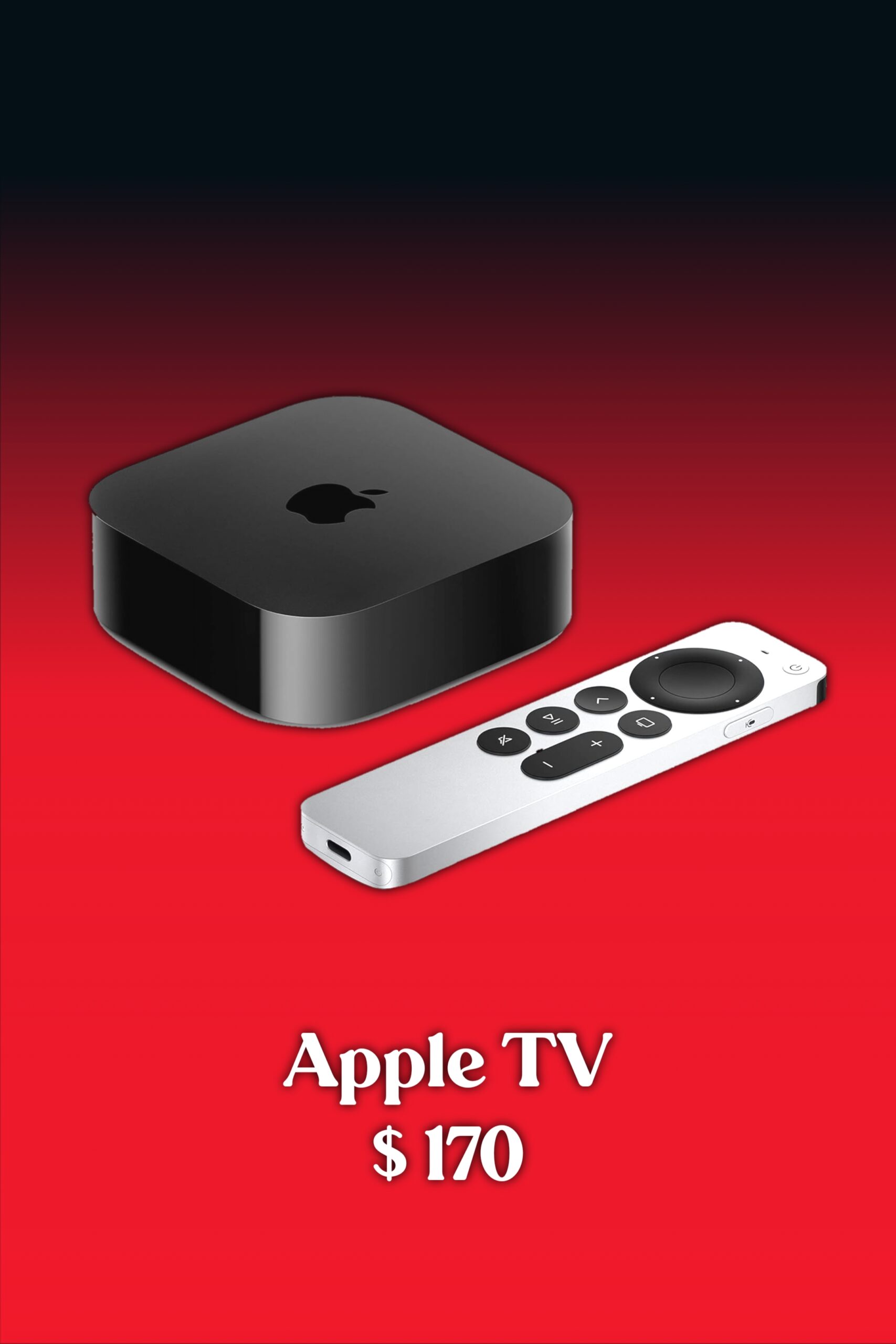 A black Apple TV device and a silver remote are shown on a red gradient background with the text Apple TV $170 below them, offering seamless access to IPTV Netherland for an enhanced streaming experience.