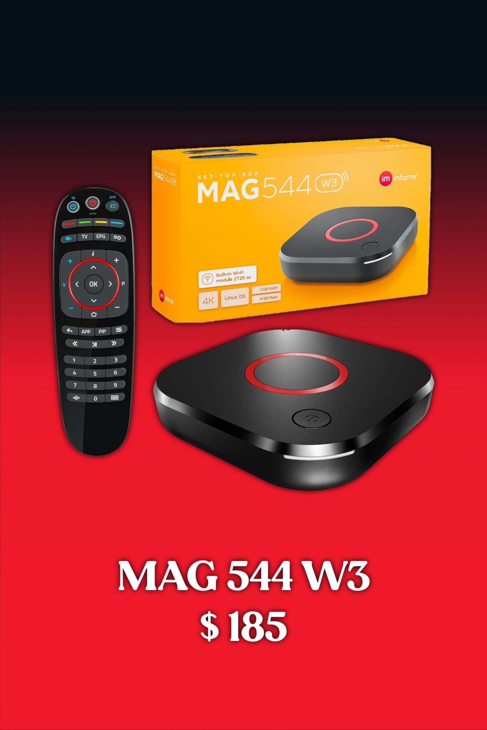 Image shows a MAG 544 W3 TV box, its remote, and packaging. Text reads: MAG 544 W3 $185. The background is red and black, highlighting this IPTV Netherland-ready device for seamless streaming.