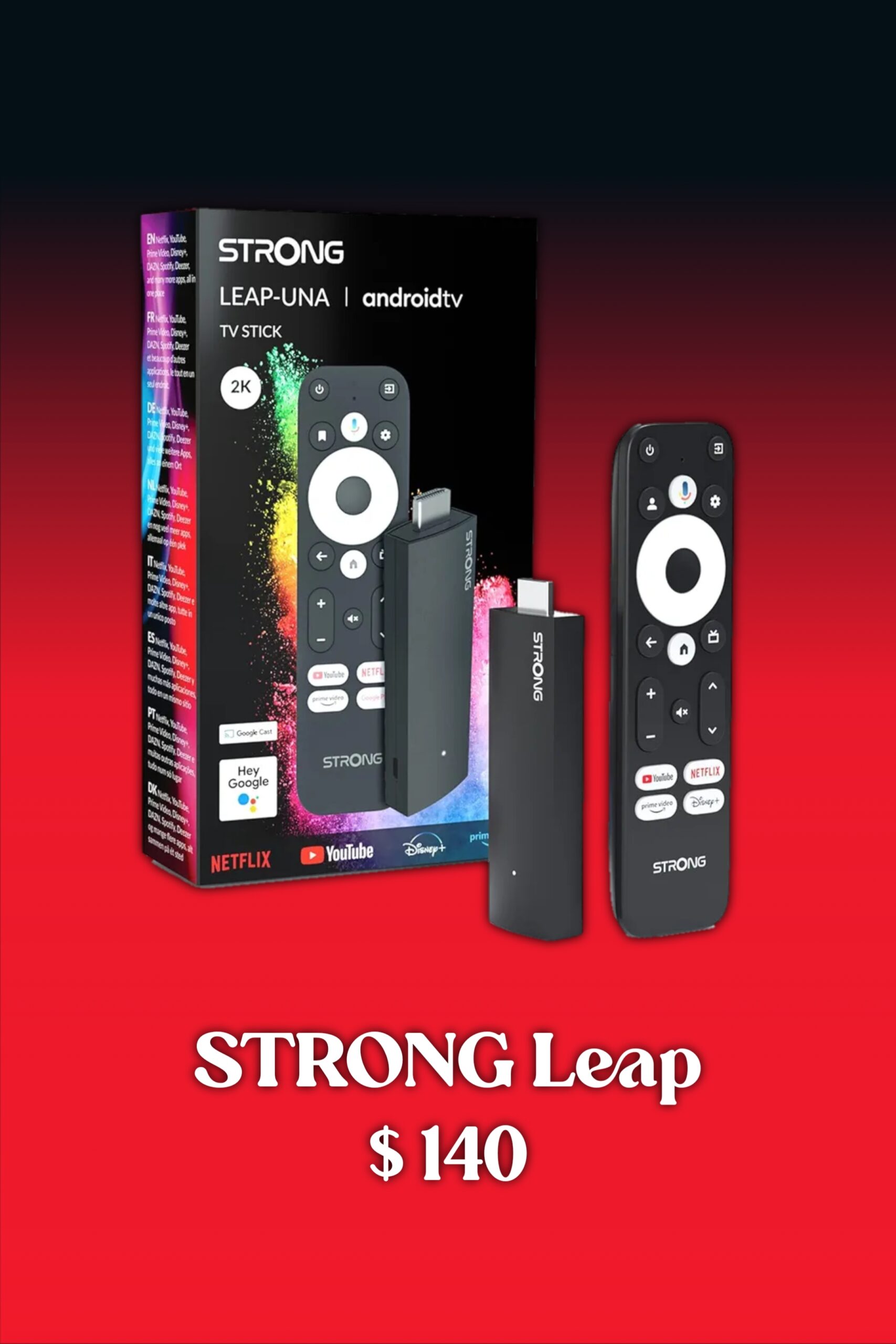 TV stick and remote with STRONG Leap branding, product box in the background, and popular IPTV Netherlands apps like Netflix and YouTube shown. Price listed below: $140.
