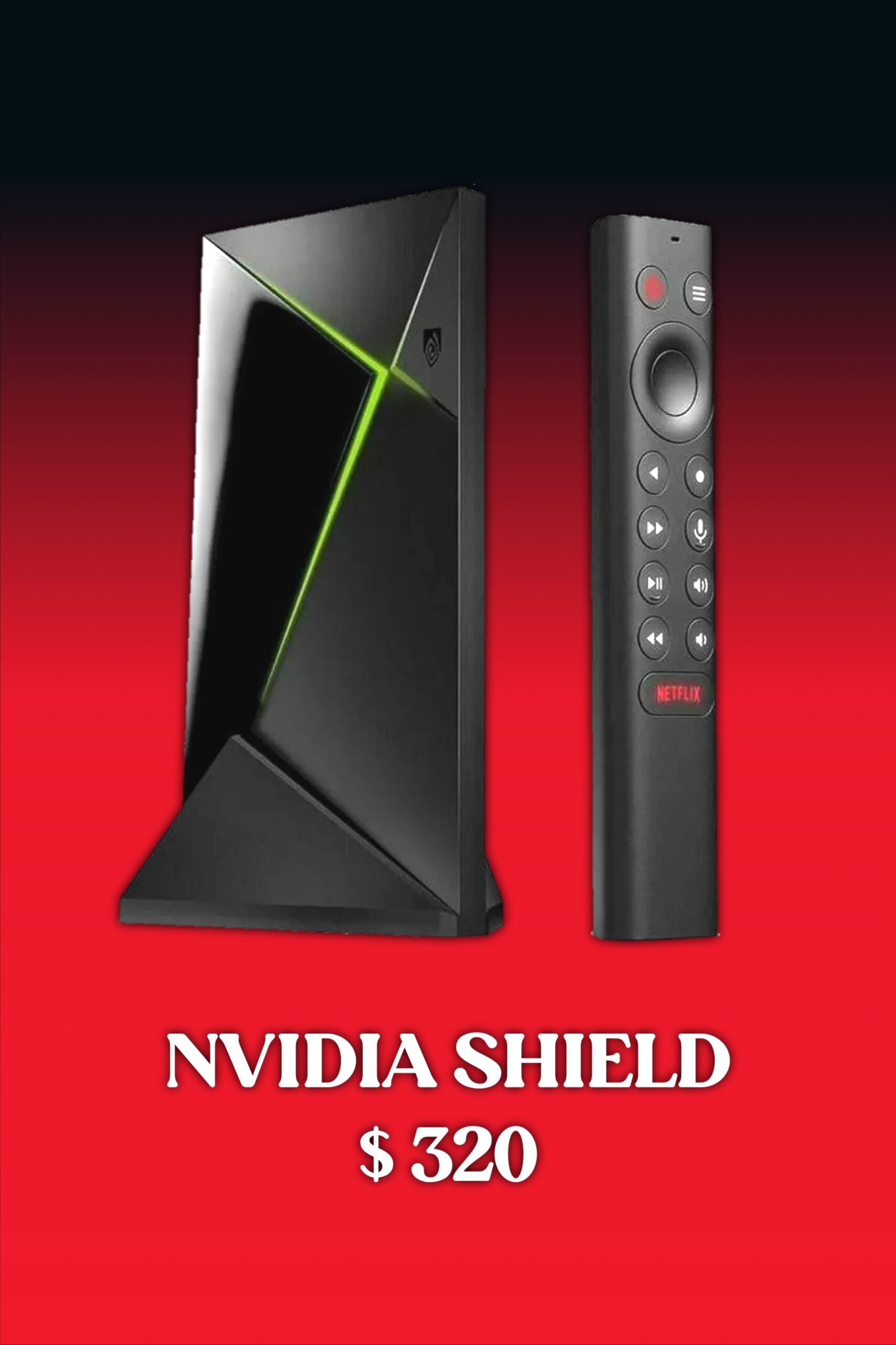 A black NVIDIA Shield TV device and remote on a red gradient background with the text NVIDIA SHIELD $320 below them, perfect for streaming IPTV Netherland channels.