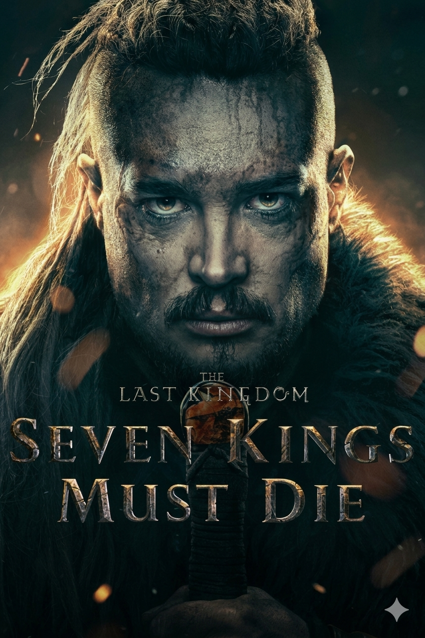 A gritty, armored warrior with long hair stares fiercely forward. The words The Last Kingdom: Seven Kings Must Die appear over his chest with a dark, dramatic background, capturing the intense spirit of adventure that IPTV Netherland viewers won’t want to miss.