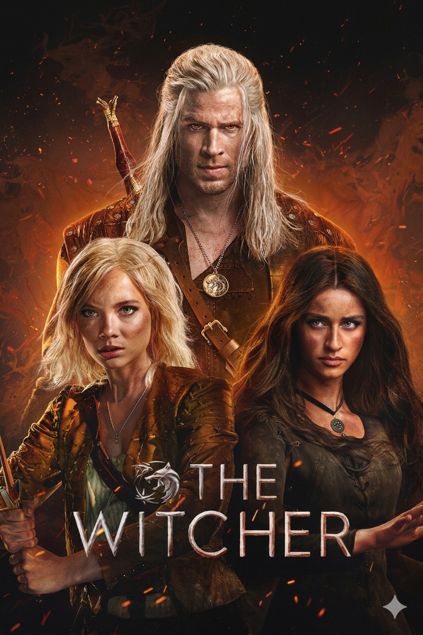 Three fantasy characters stand in front of a fiery background—one man with white hair and two women, all holding weapons. The text The Witcher appears at the bottom with a stylized wolf medallion, creating an epic scene perfect for fans streaming on IPTV Netherland.